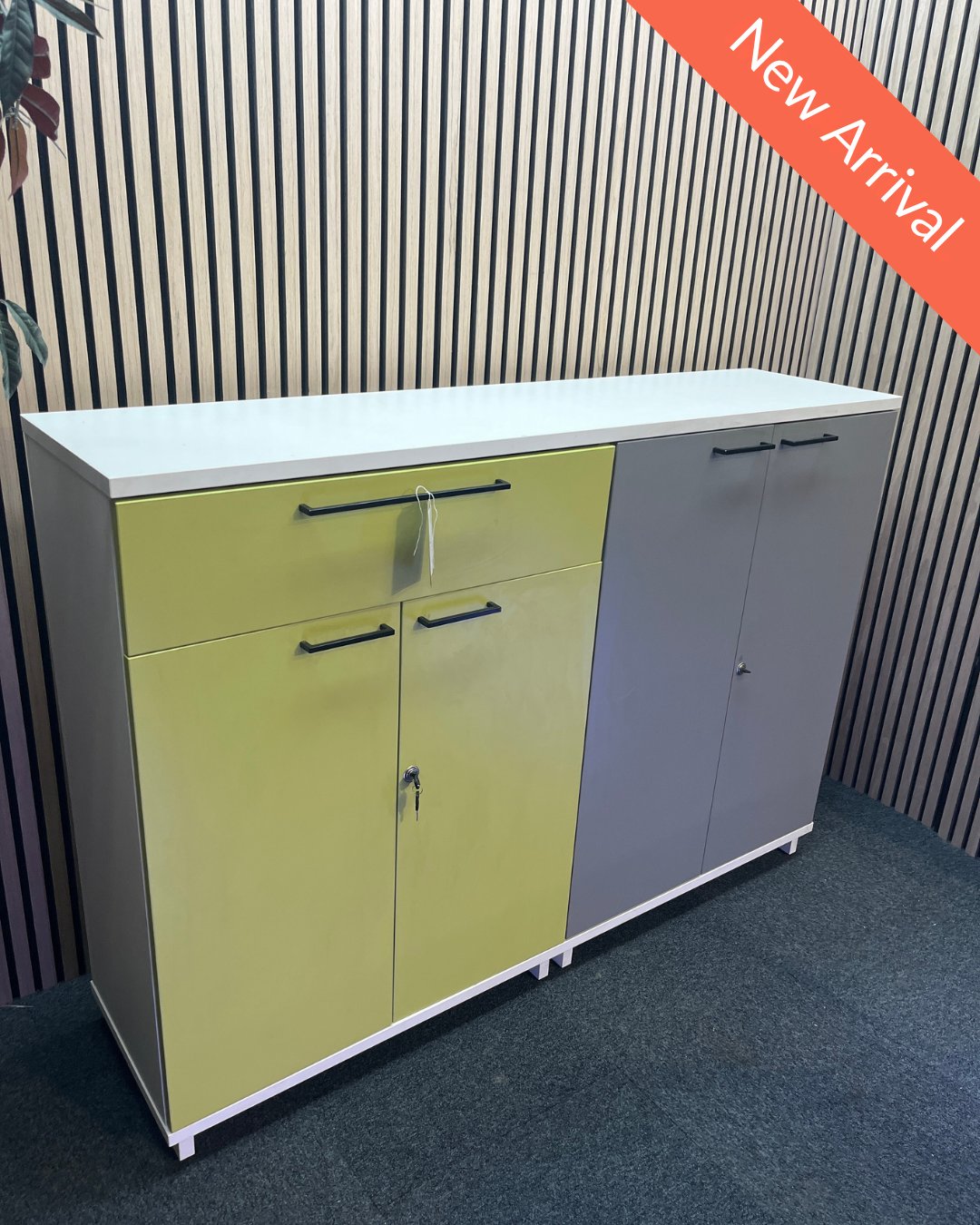 Tall lime green, light grey and white laminate 4 door 1 drawer credenza unit with keys (H 113 x W 160 x D 140 cm)