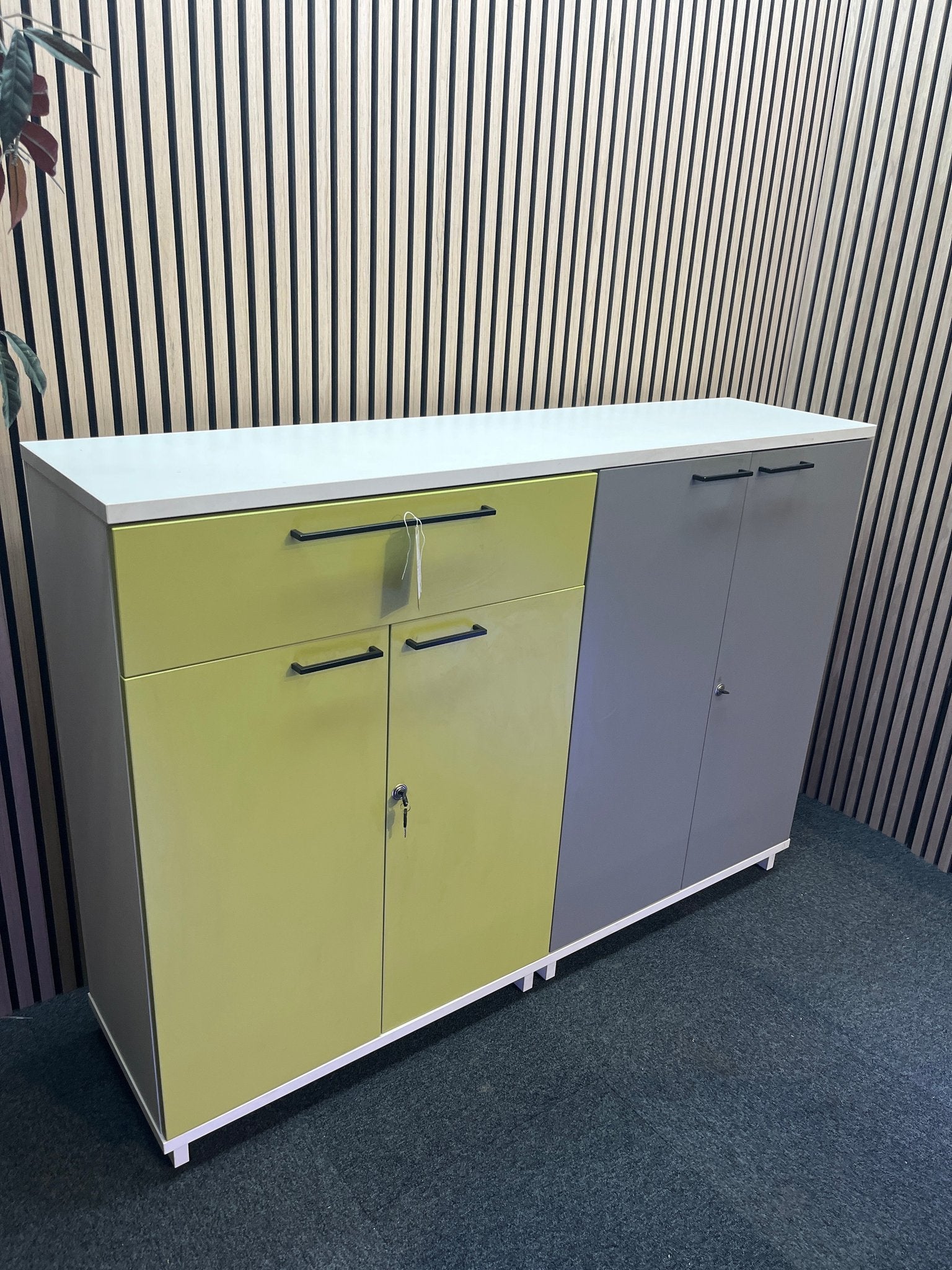 Tall lime green, light grey and white laminate 4 door 1 drawer credenza unit with keys (H 113 x W 160 x D 140 cm)