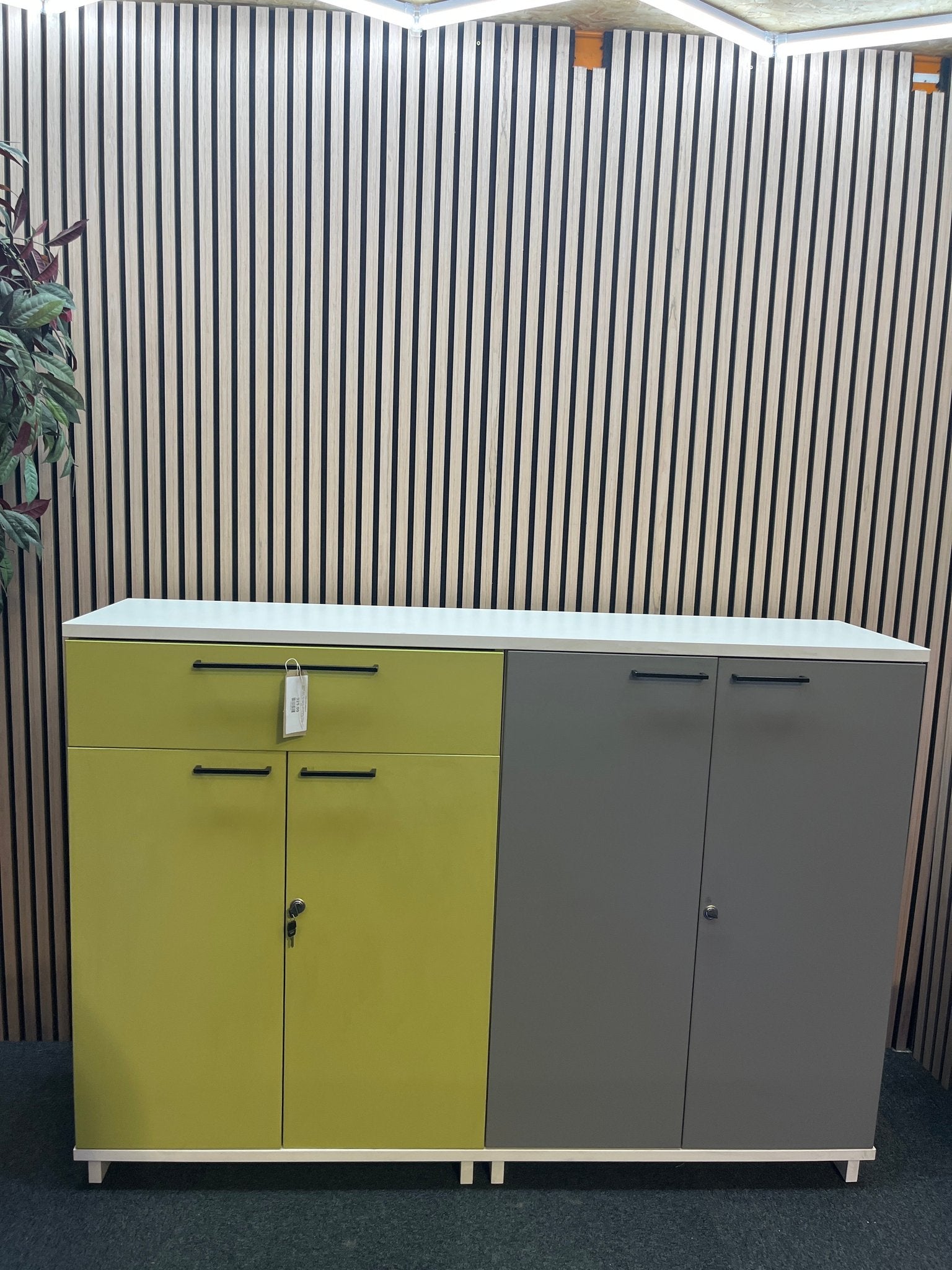 Tall lime green, light grey and white laminate 4 door 1 drawer credenza unit with keys (H 113 x W 160 x D 140 cm)