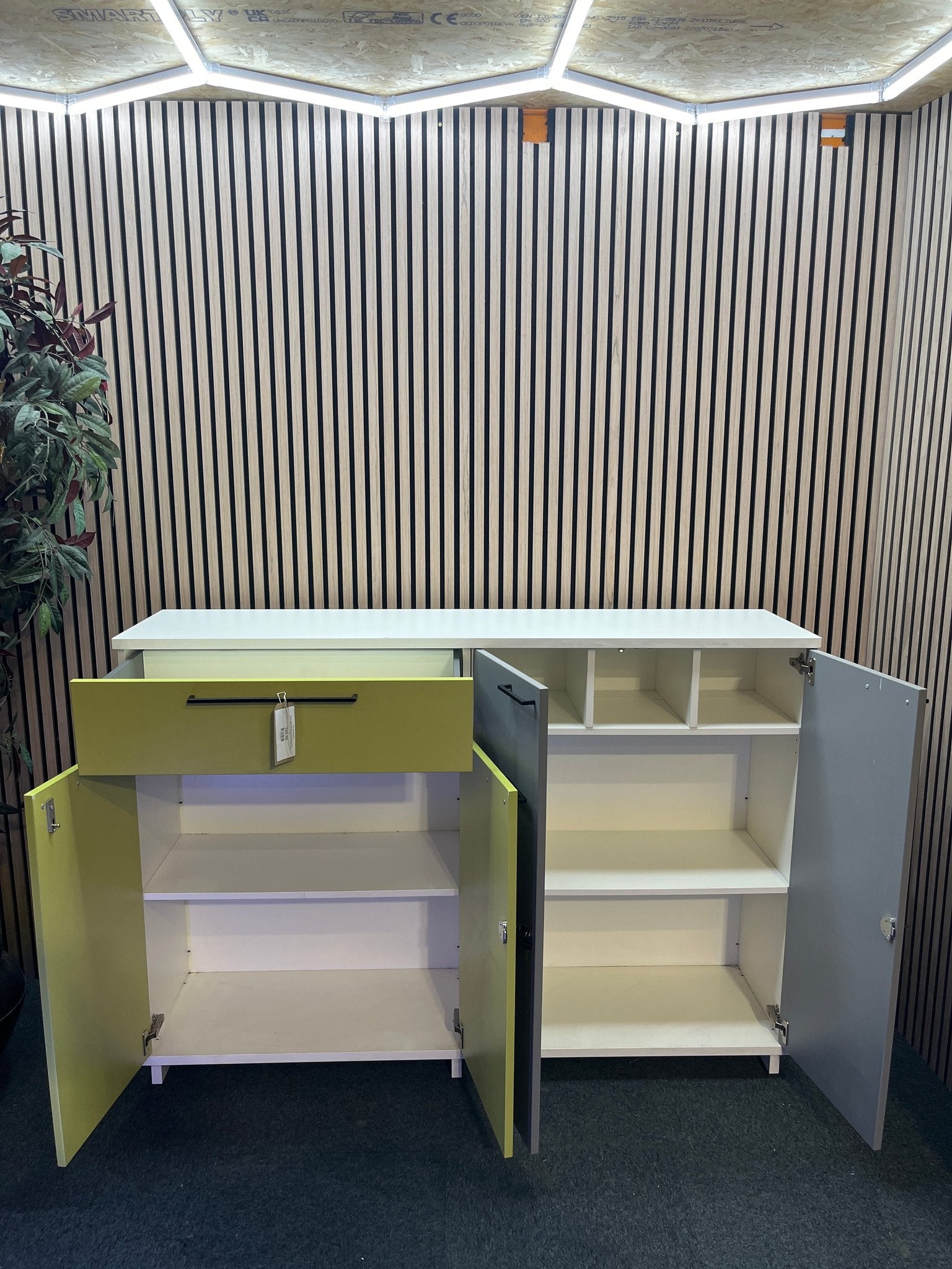 Tall lime green, light grey and white laminate 4 door 1 drawer credenza unit with keys (H 113 x W 160 x D 140 cm)