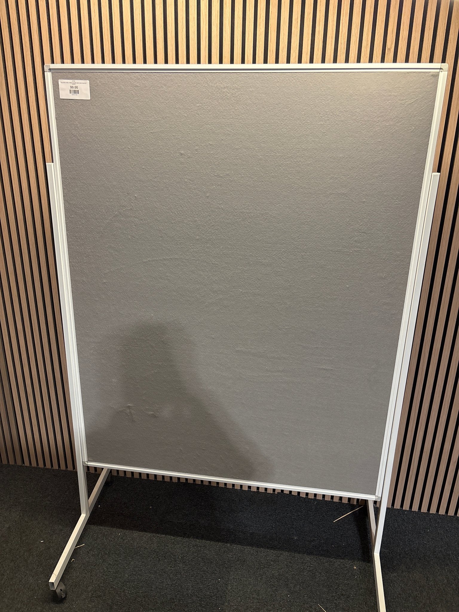Grey fabric 1850 x 1250mm floor standing noticeboard on castors
