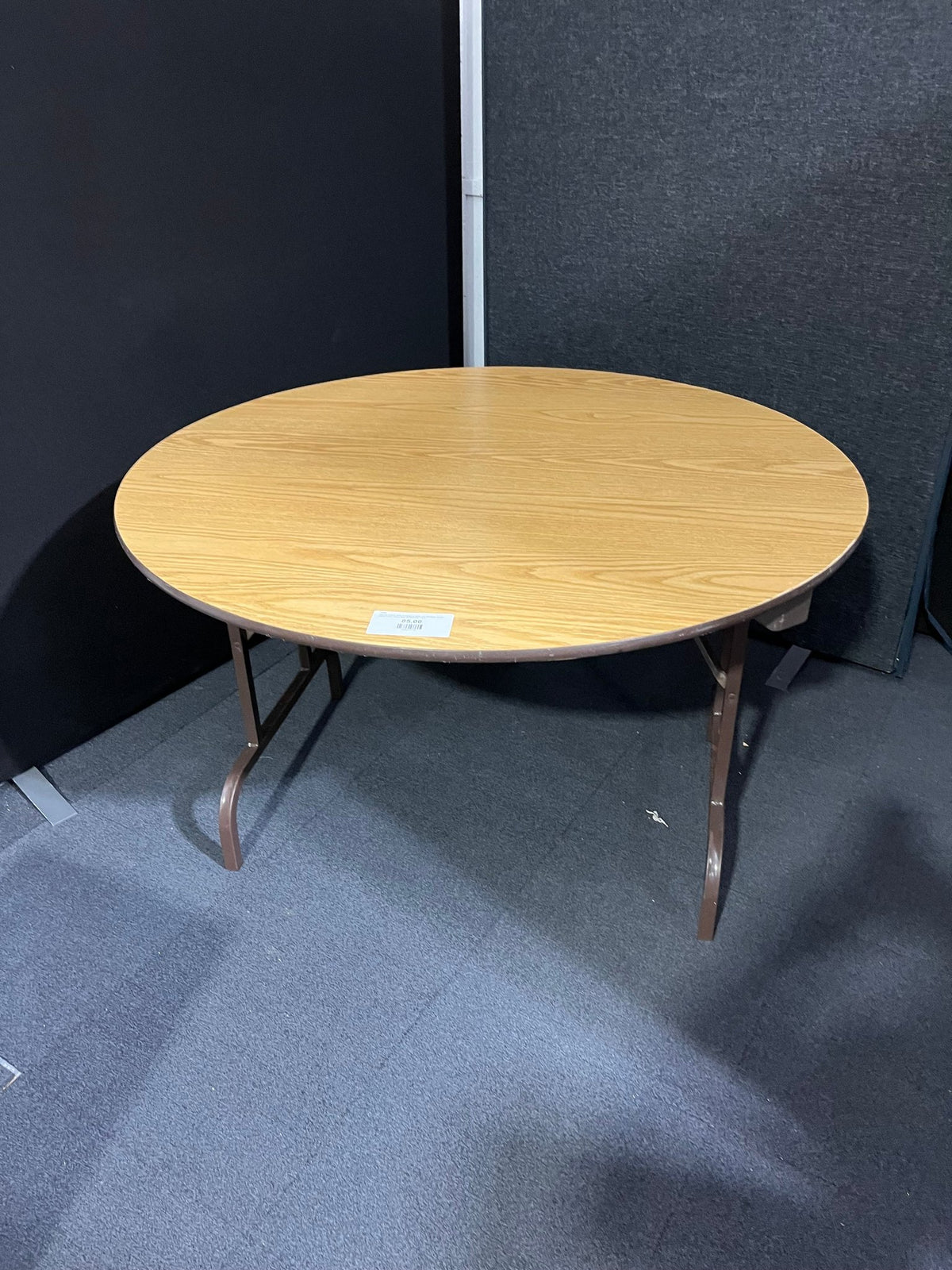 Circular folding table conference table, oak laminate, brown colour metal folding legs 4ft diameter 1425