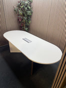 White laminate D end boardroom table 2400Lx1000W with silver trumpet base and wire management lift up cover in centre