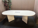 White laminate D end boardroom table 2400Lx1000W with silver trumpet base and wire management lift up cover in centre