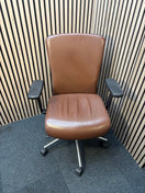 Girsberger high back brown leather multifunction swivel chair with adjustable arms and back rake with polished metal base on castors J3910