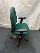 High back multifunction swivel chair, 3 lever mechanism, adjustable arms, pump up lumbar support, in forrest green fabric J3926