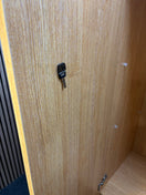 Tall oak 2 door storage unit with internal wooden shelves and key 180Hx47Dx80W J3927
