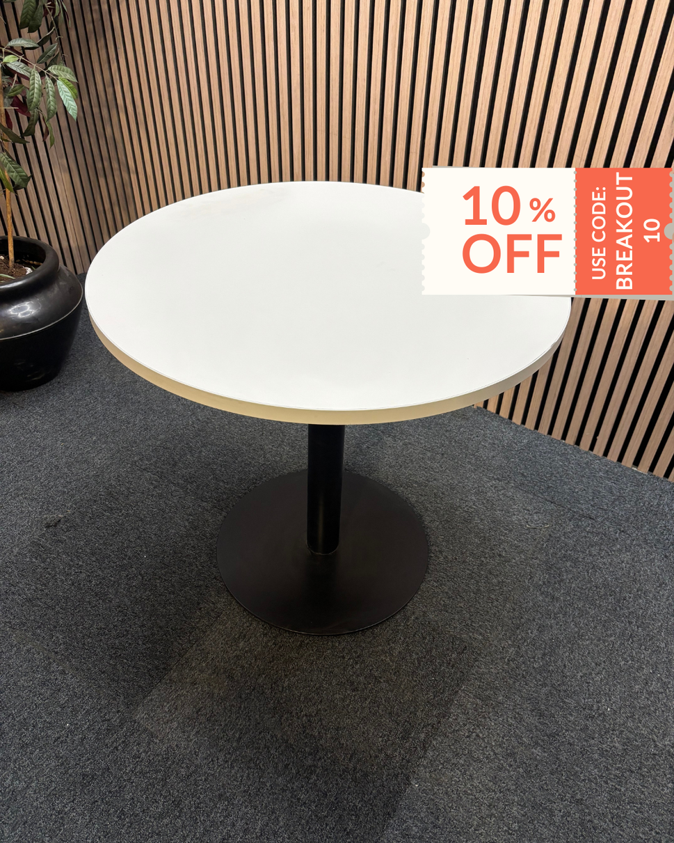 Monza circular dining table with flat black round base and white 800mm diameter table top