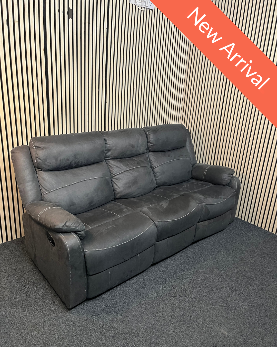 3 seater, dark grey, microfibre recliner sofa. 3126