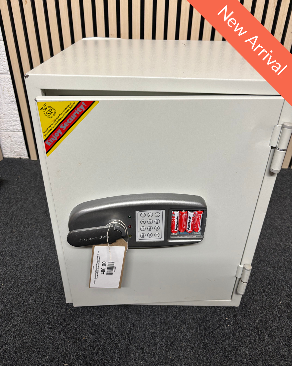 Phoenix fireproof digital safe. Battery operated. No key. Overwrite code. Dims 52Hx40Wx44D