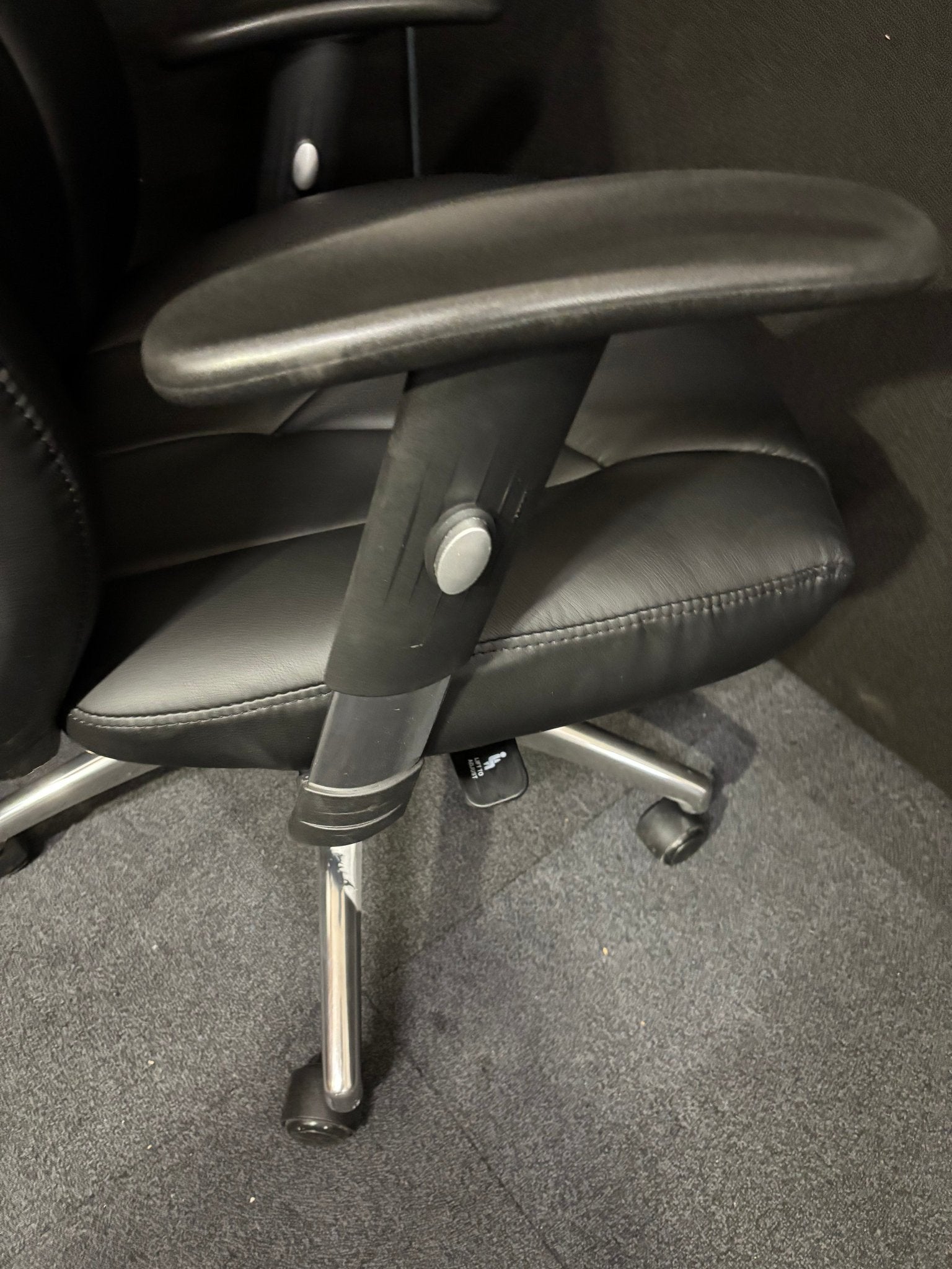 Odessa liquidated high back executive chair - black faux leather, polished metal base, height adjustable arms, price inc vat