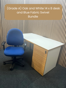 (GRADE A) White and Oak 1400 x 800 desk with push press pedestal + (Grade A) Blue fabric swivel chair bundle
