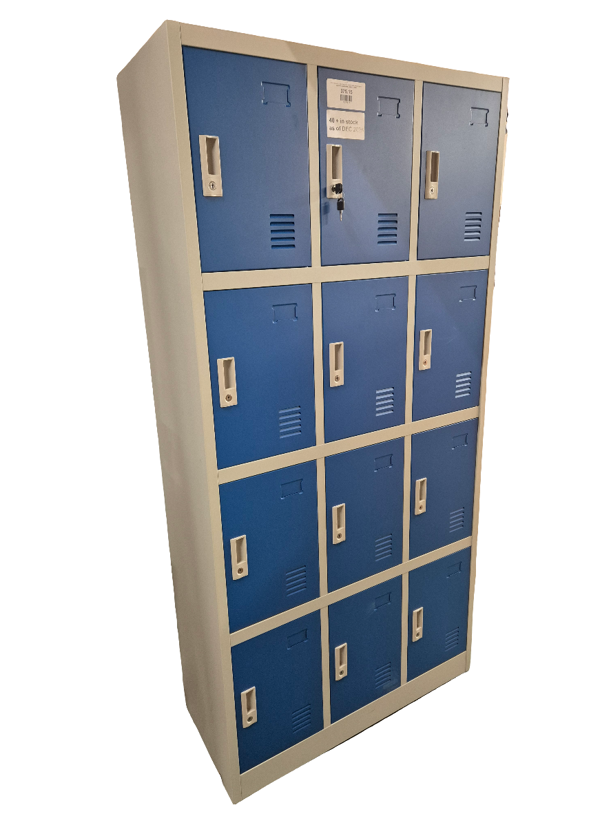 NEW Stock 12 door personal lockers with keys in grey and blue metal 900W x 400D x 1850H