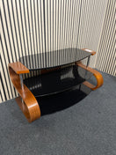 Large black glass tv unit with stained bentwood frame (H 44 x W 110 x D 55 cm) 44812