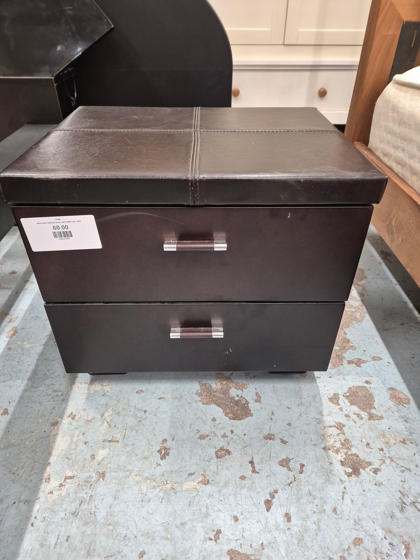 Black gloss bedside locker with leather top 4224