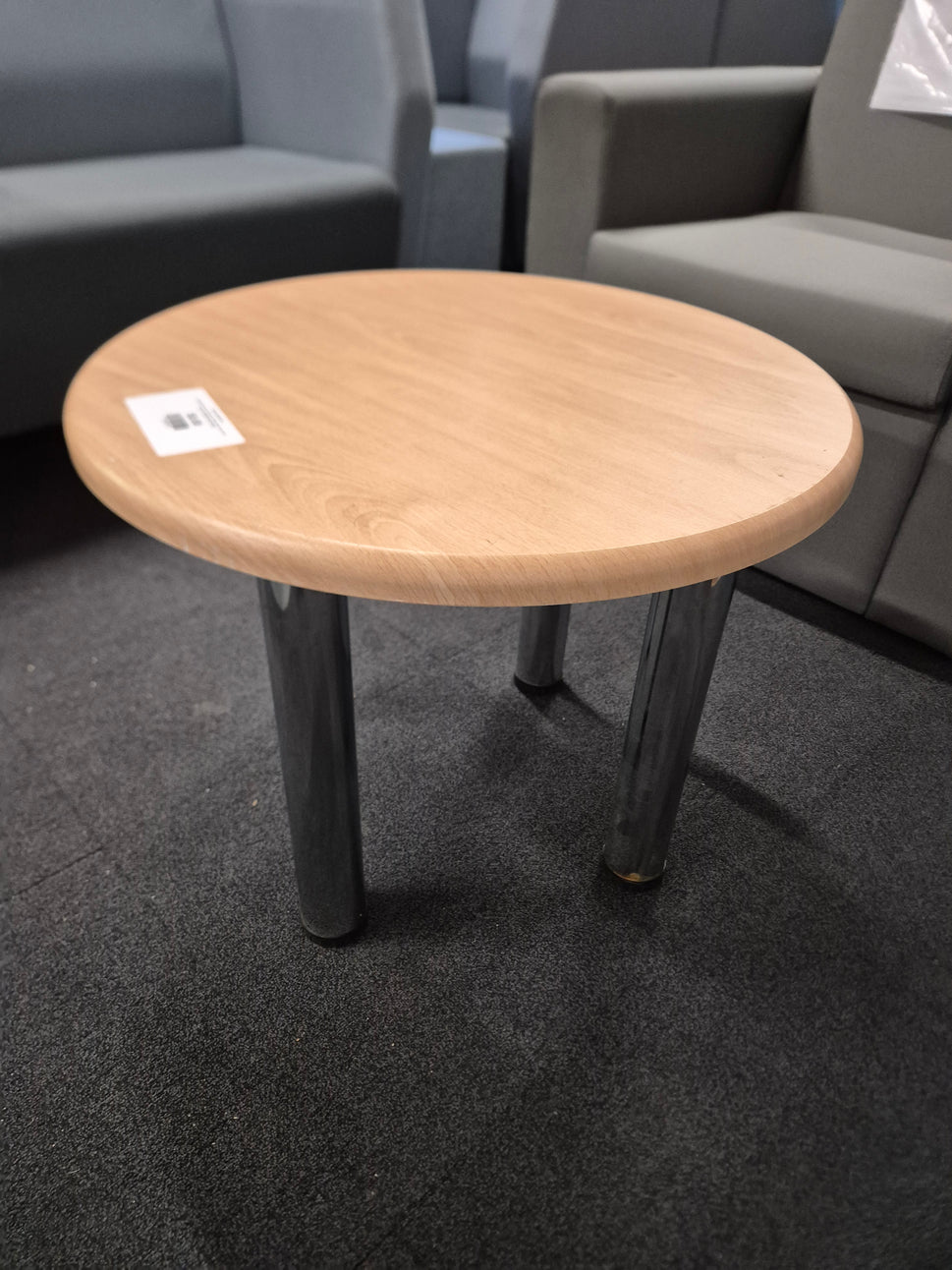 LIQUIDATED beech laminate coffee table with chrome screw in legs for easy storage