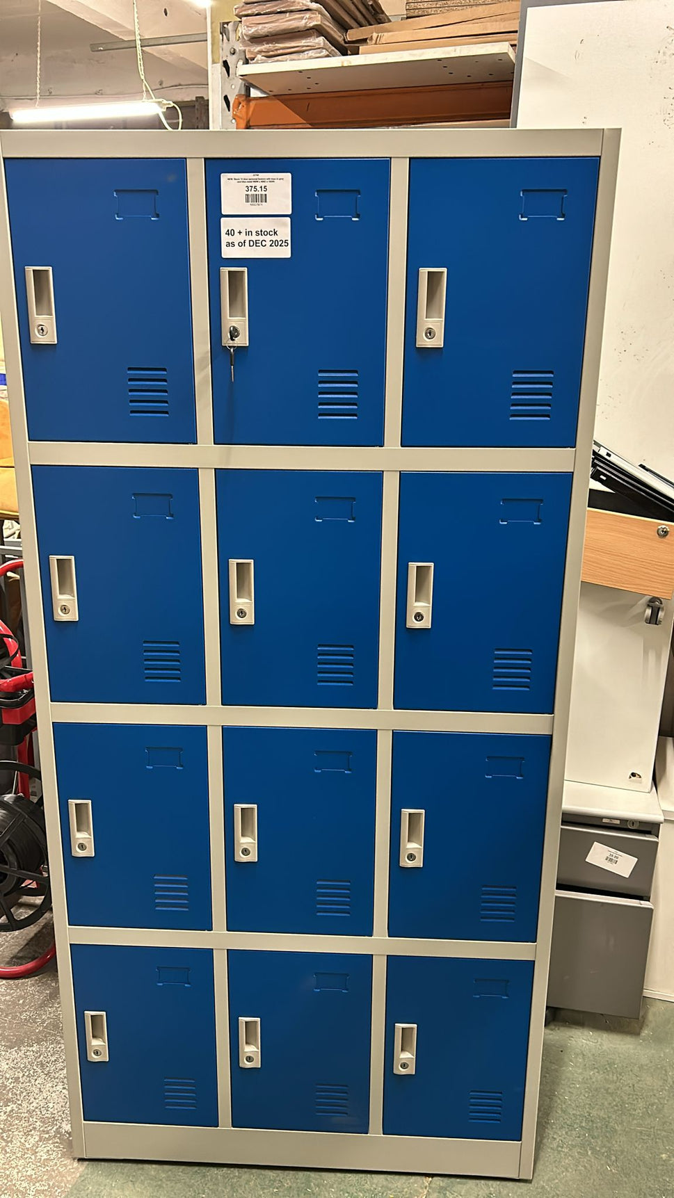NEW Stock 12 door personal lockers with keys in grey and blue metal 900W x 400D x 1850H