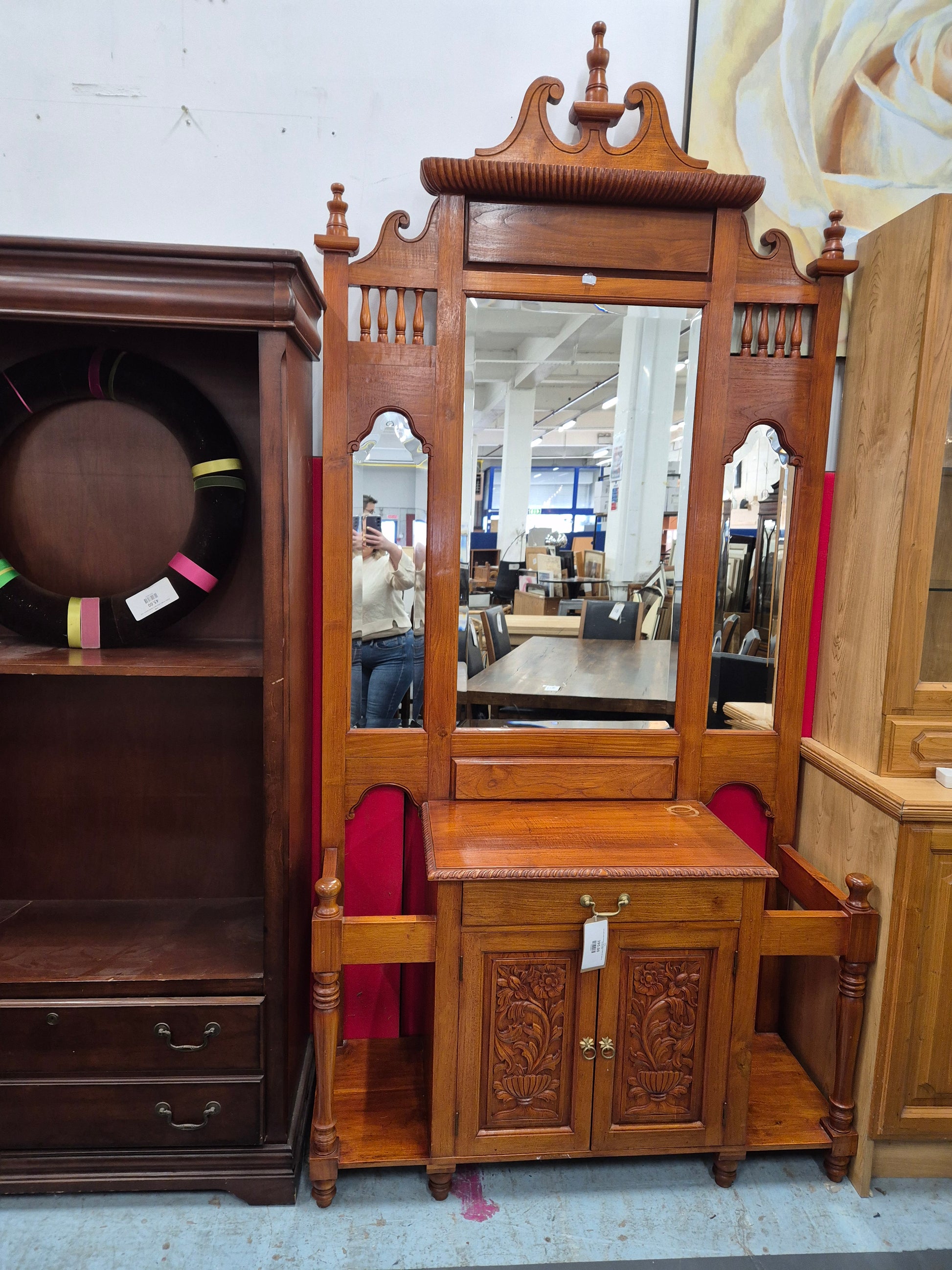 Tall solid wood mirrored hall stand (H 2550 x W 1200 x D 430 mm) 2125