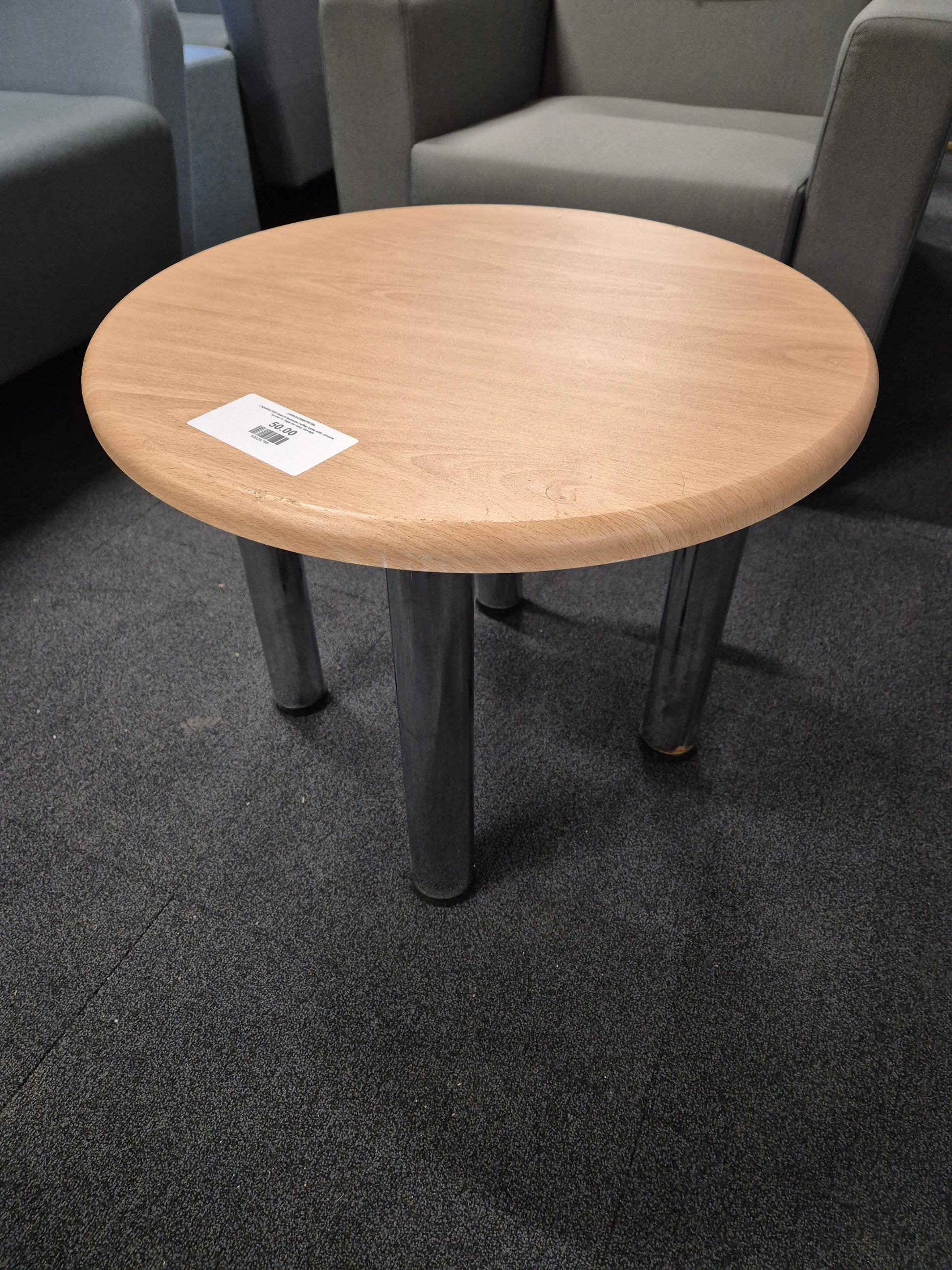 LIQUIDATED beech laminate coffee table with chrome screw in legs for easy storage