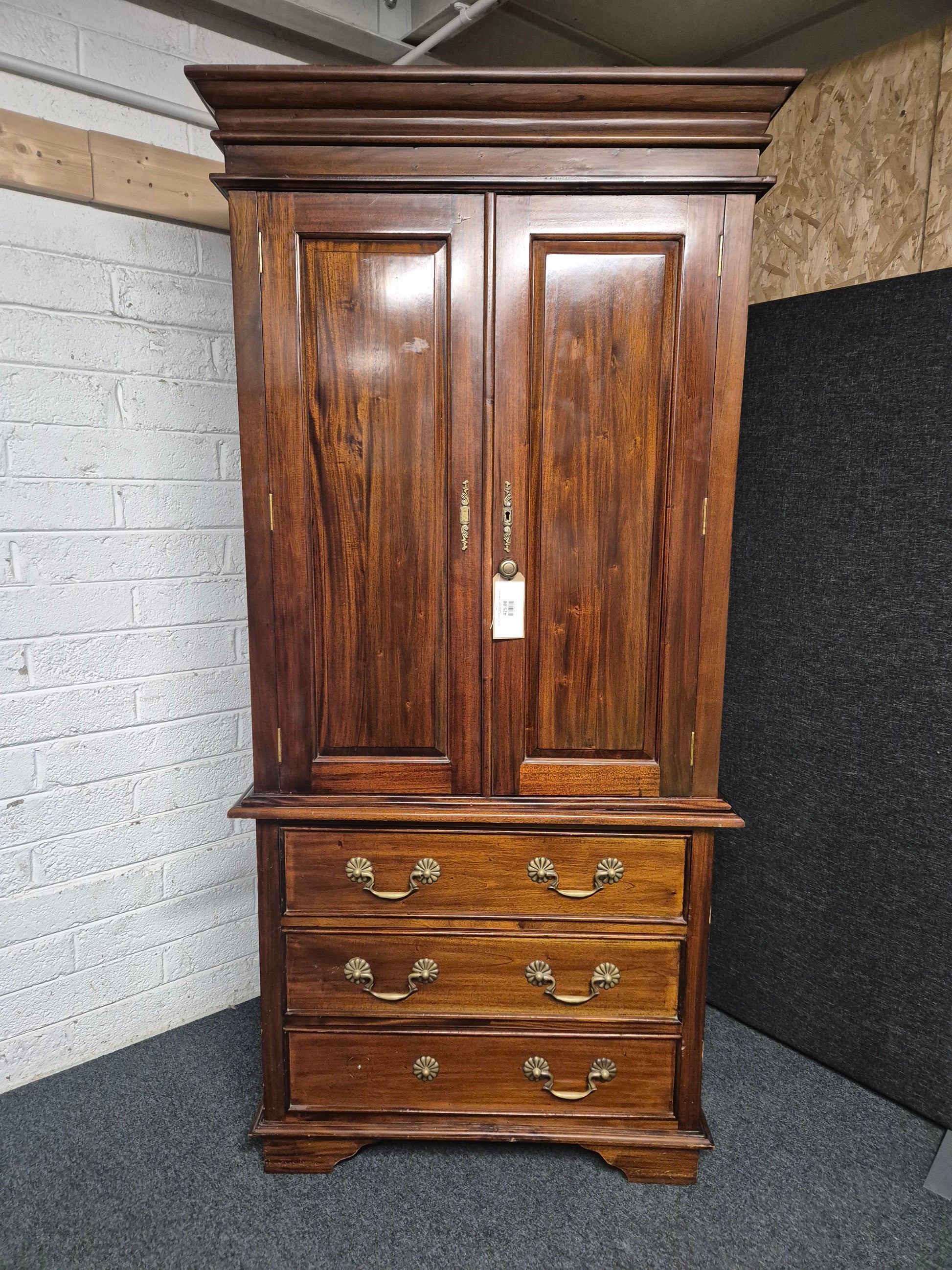 Tall solid mahogany stained 2 door 3 drawer ornate wardrobe (H 2050 x W 1080 x D 600 mm) 3125