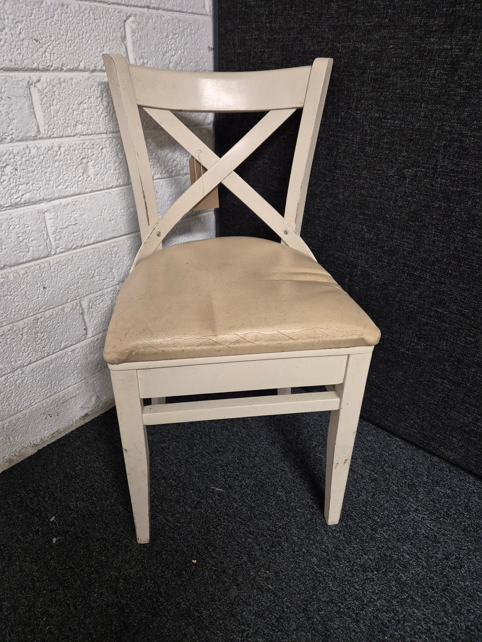 Cream painted solid dining chair with cream leather seat 3125