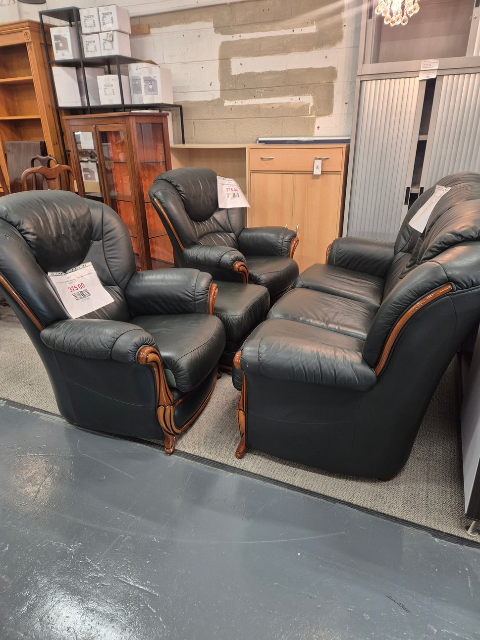 3+1+1+footstool wooden frames green Italian leather suite 1225