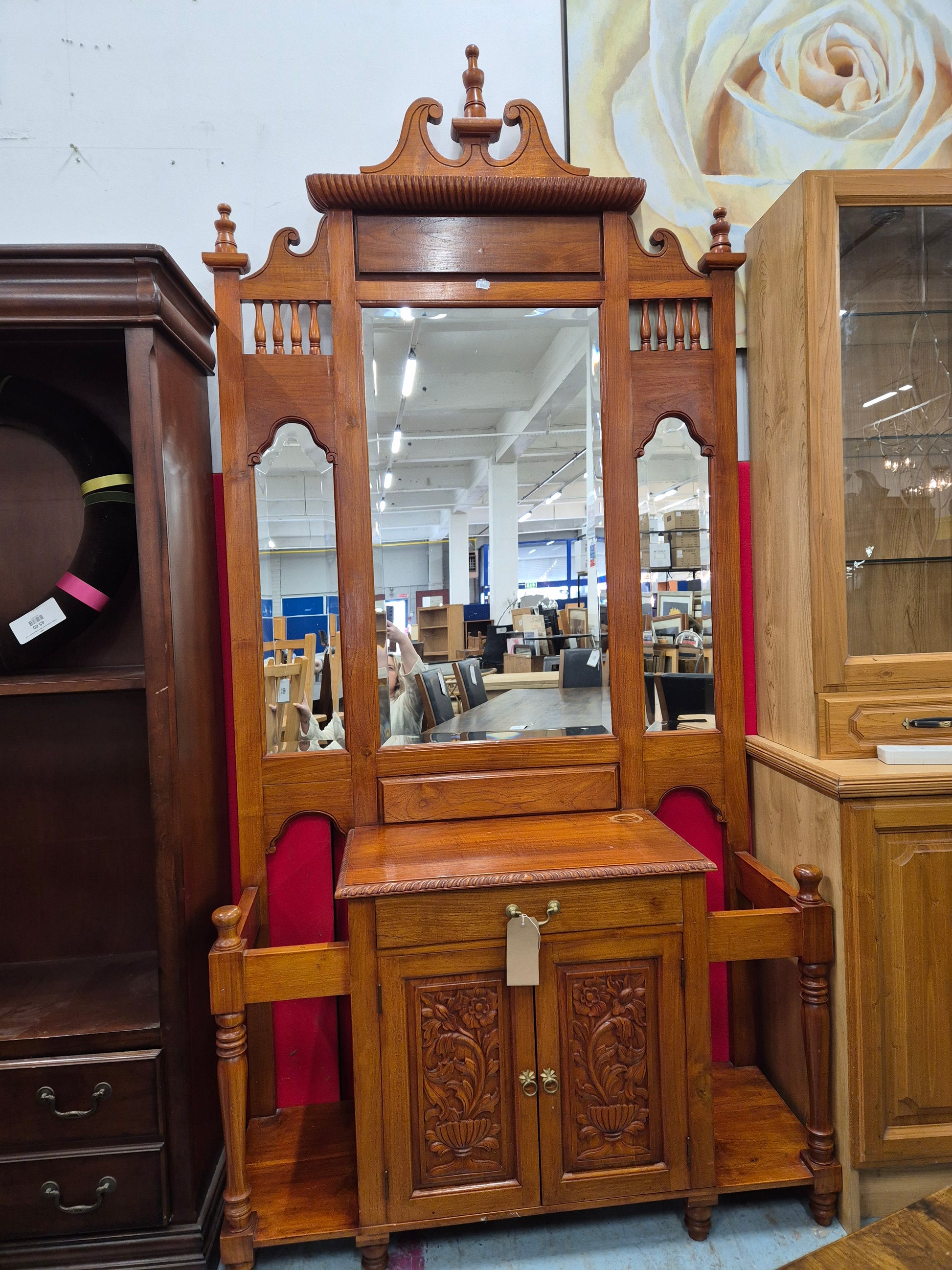 Tall solid wood mirrored hall stand (H 2550 x W 1200 x D 430 mm) 2125