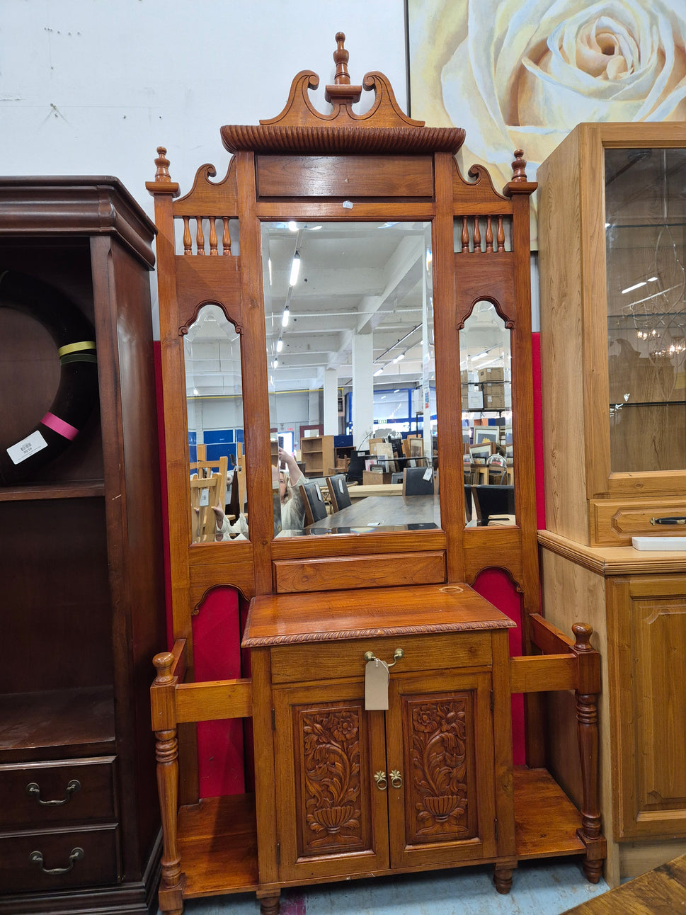 Tall solid wood mirrored hall stand (H 2550 x W 1200 x D 430 mm) 2125