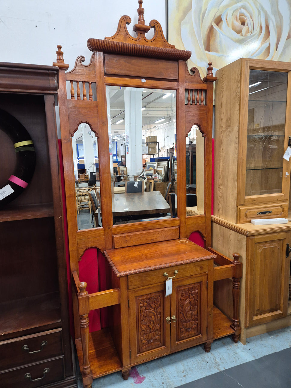 Tall solid wood mirrored hall stand (H 2550 x W 1200 x D 430 mm) 2125