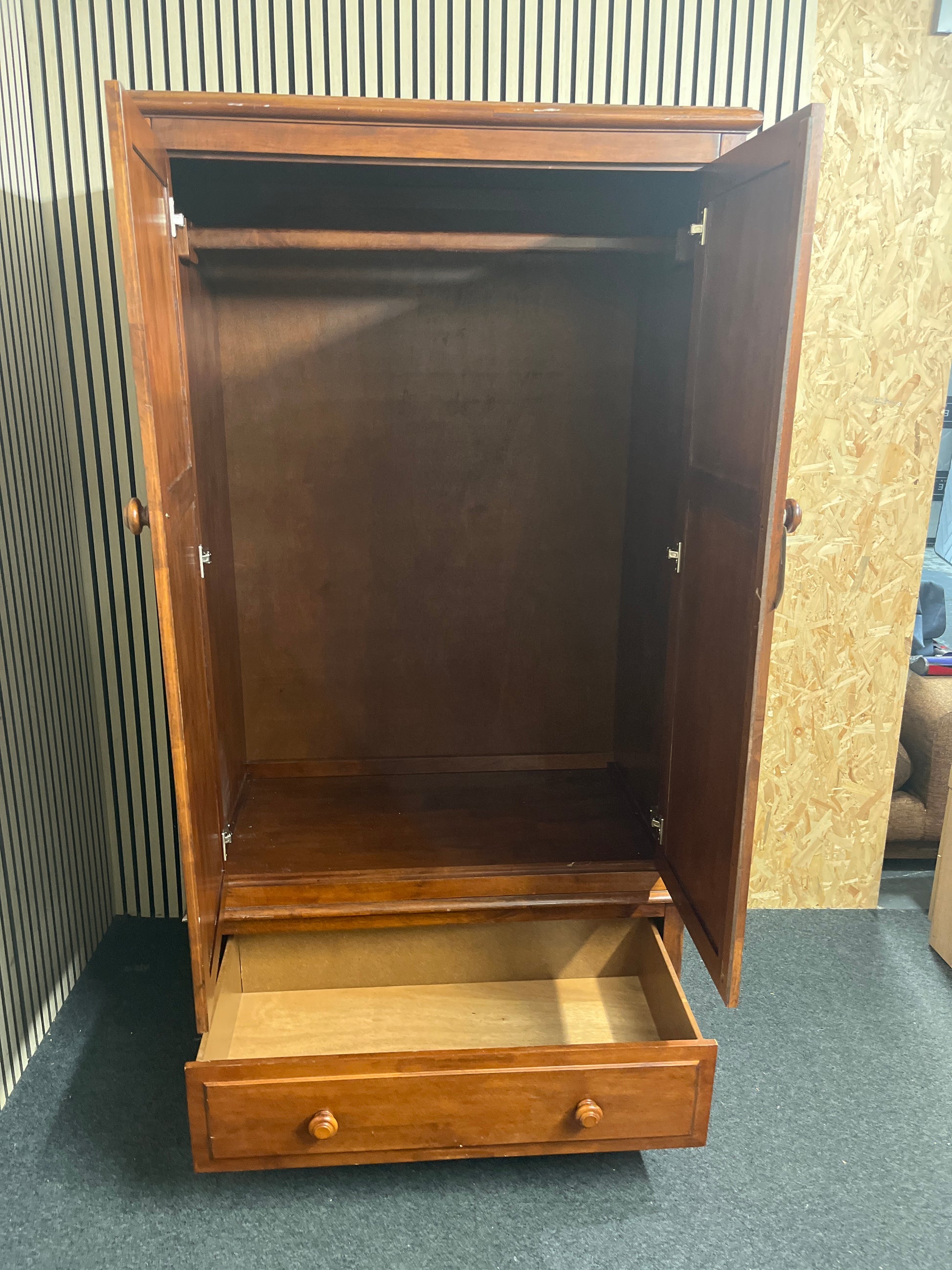 Tall dark stained solid pine 2 door 1 drawer wardrobe (H 195 x W 107 x D 67 cm) 43813