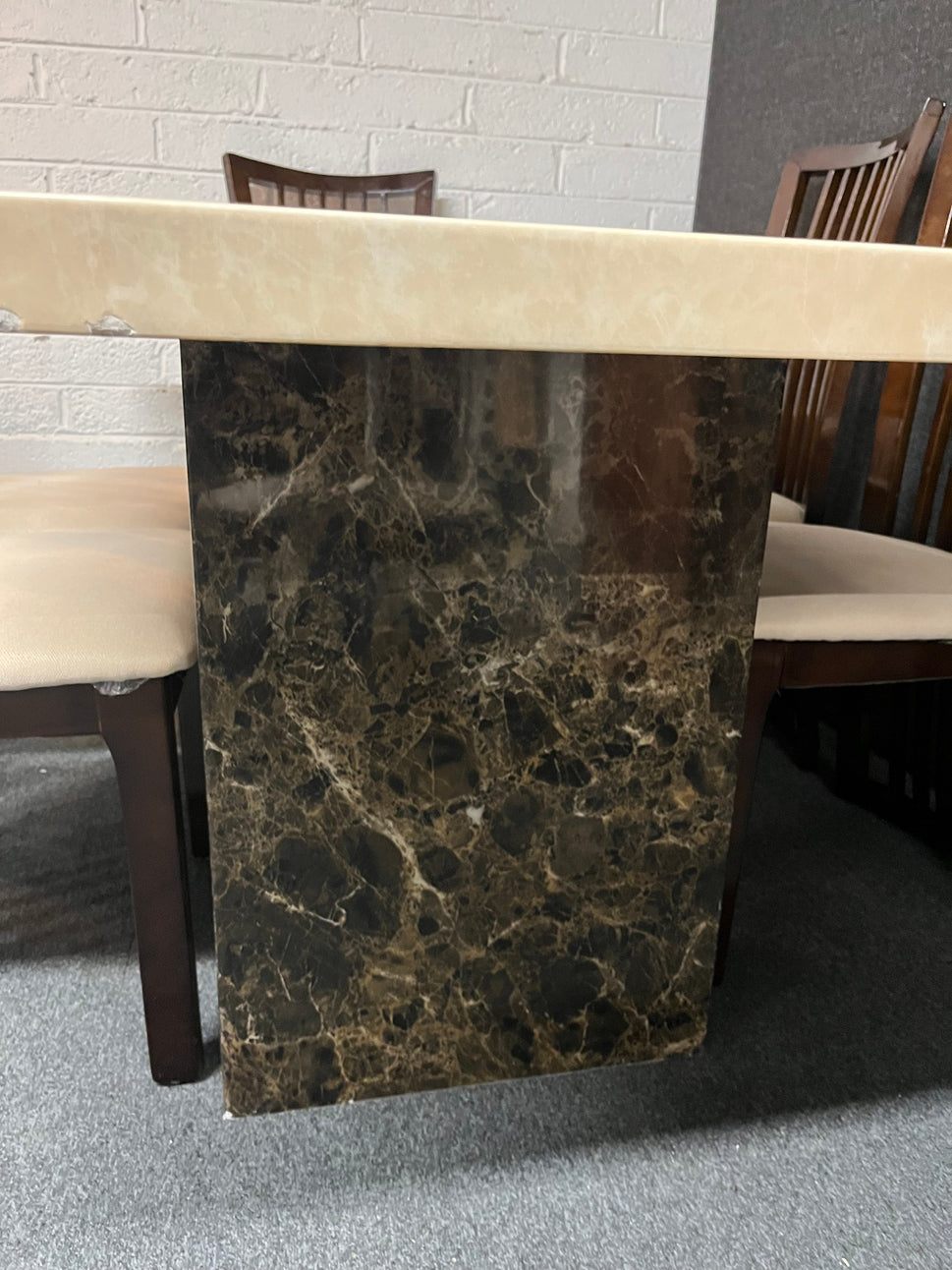 Marble effect large rectangular table (L 180 x W 100 cm) with 6 dark wood stained kitchen chairs with fabric seat 3225