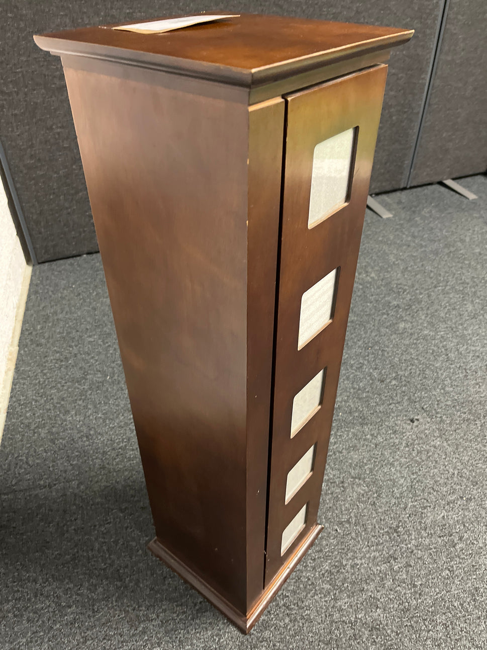 Solid dark wood revolving tall boy storage unit with built in picture frames (H  850 x W 250 x D 250 mm) 3125