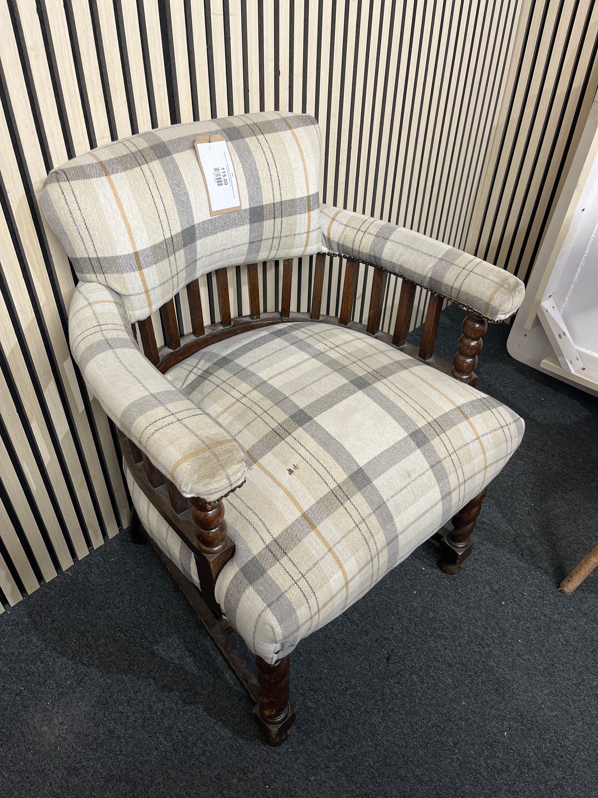 Ornate brown mix fabric armchair with mahogany frame and barley twist legs 3126