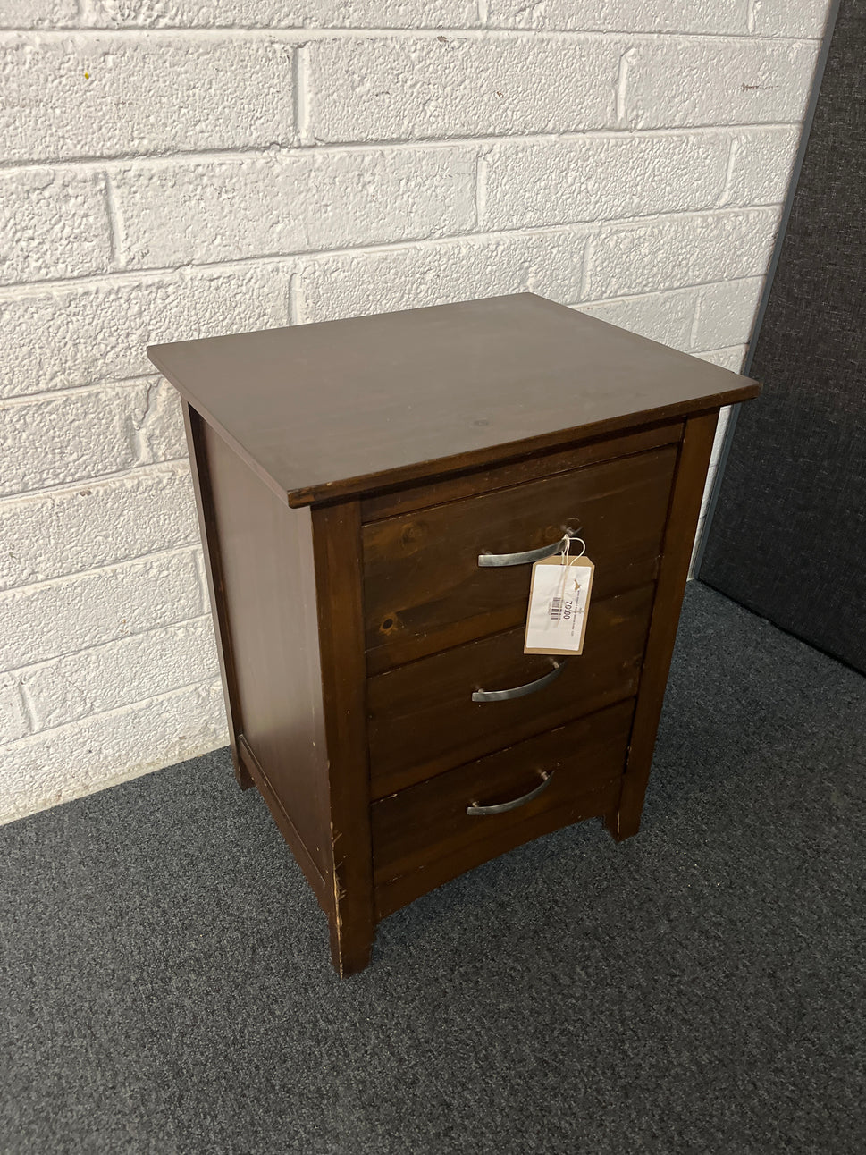 Dark wood stained 3 drawer bedside locker  1225