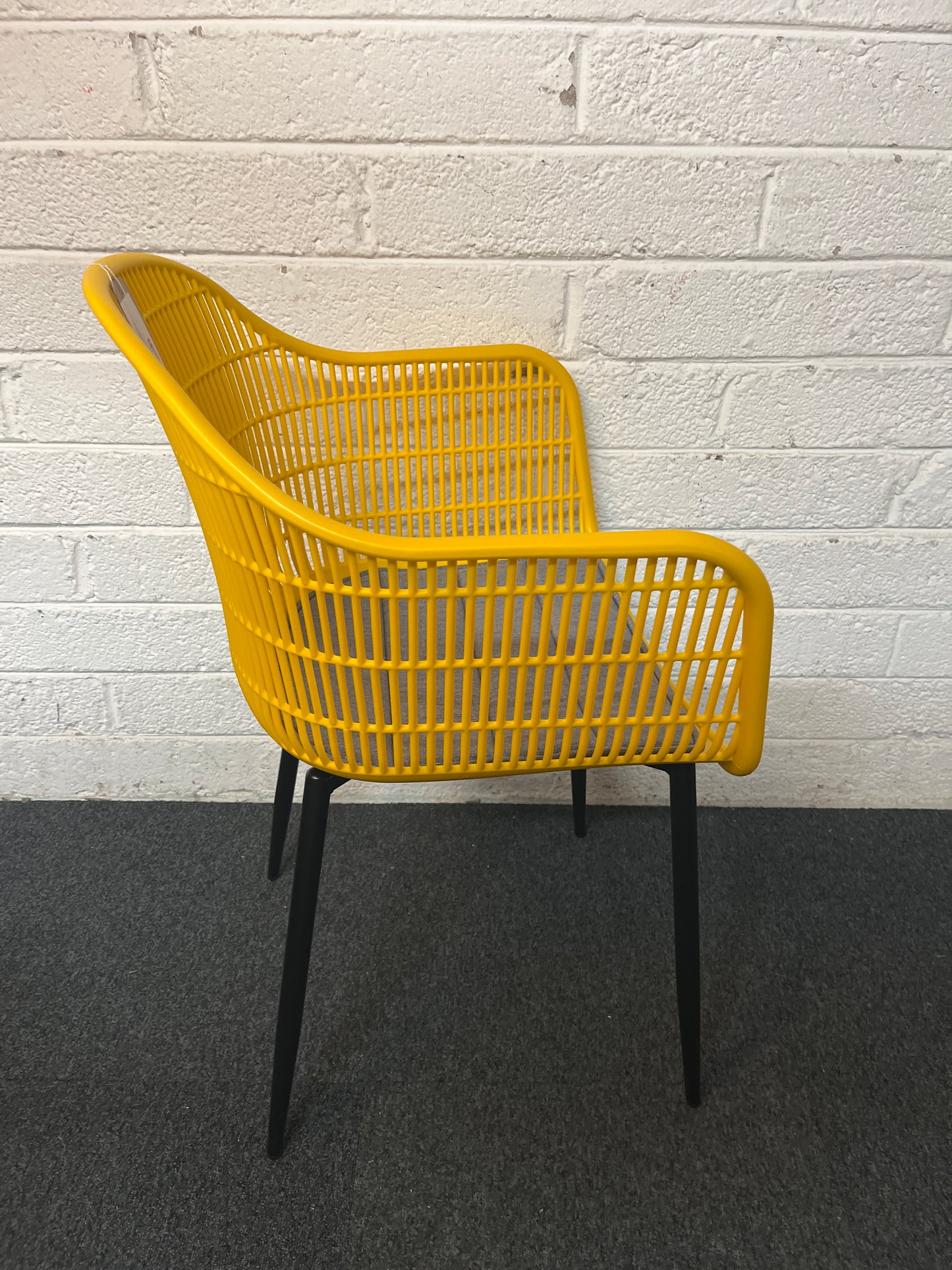 NEW Metro INDOOR OR OUTDOOR dining chair, SUNSHINE YELLOW moulded plastic with tailored fabric seat. OTHER COLOURS AVAILABLE. LARGE QTYS AVAILABLE