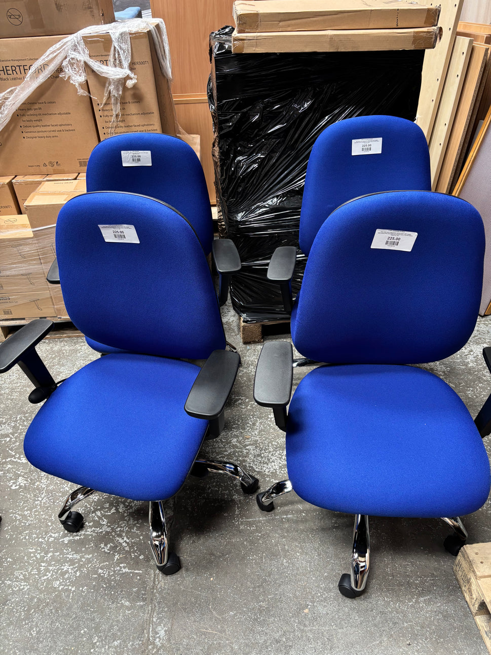 Jota high back ergonomic swivel chair with height adjustable arms and polished chome base in BLUE fabric. Price inc VAT