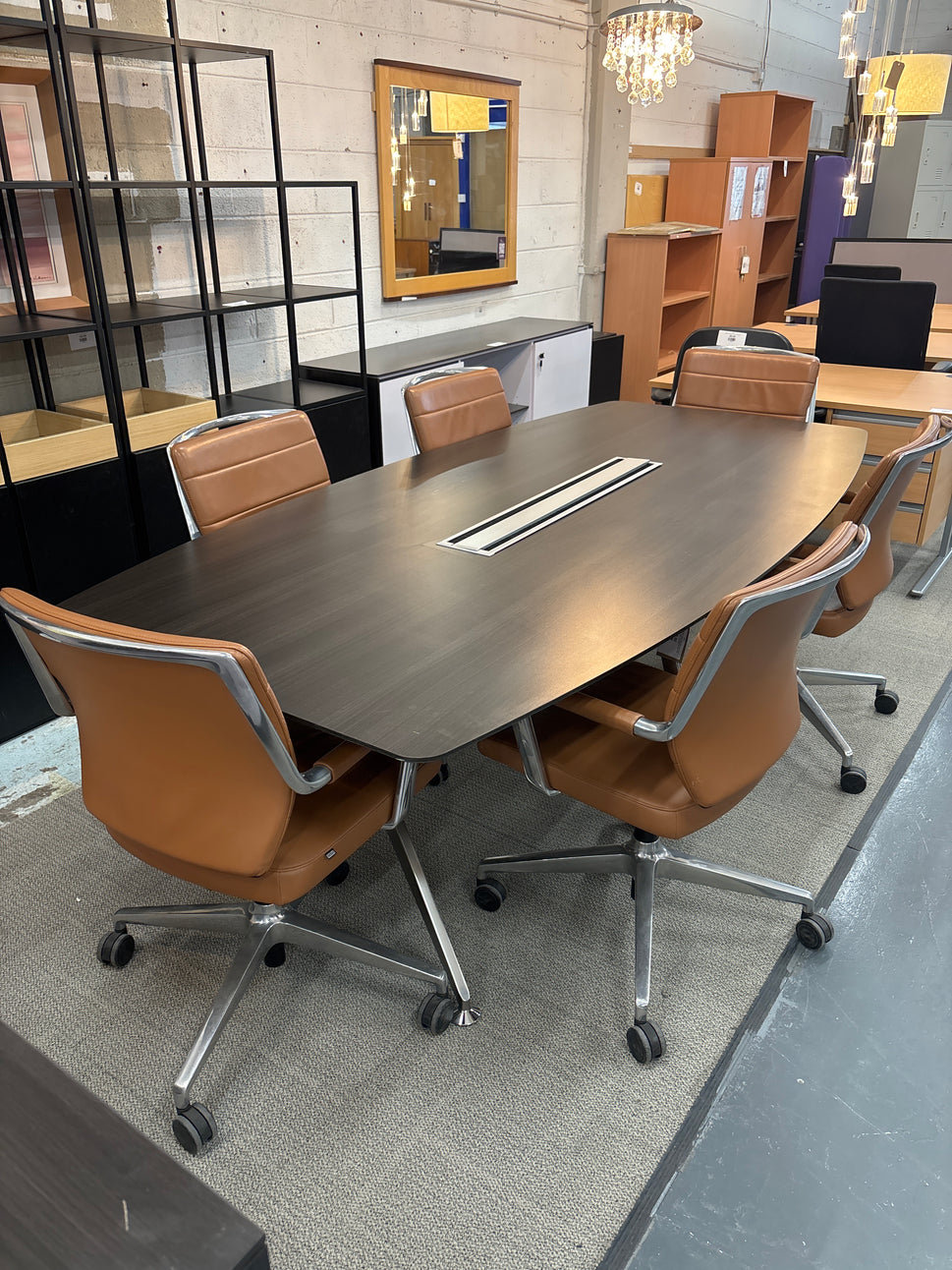 Wenge laminate barrell boardroom table with polished metal central base 2400Lx1200W*740H