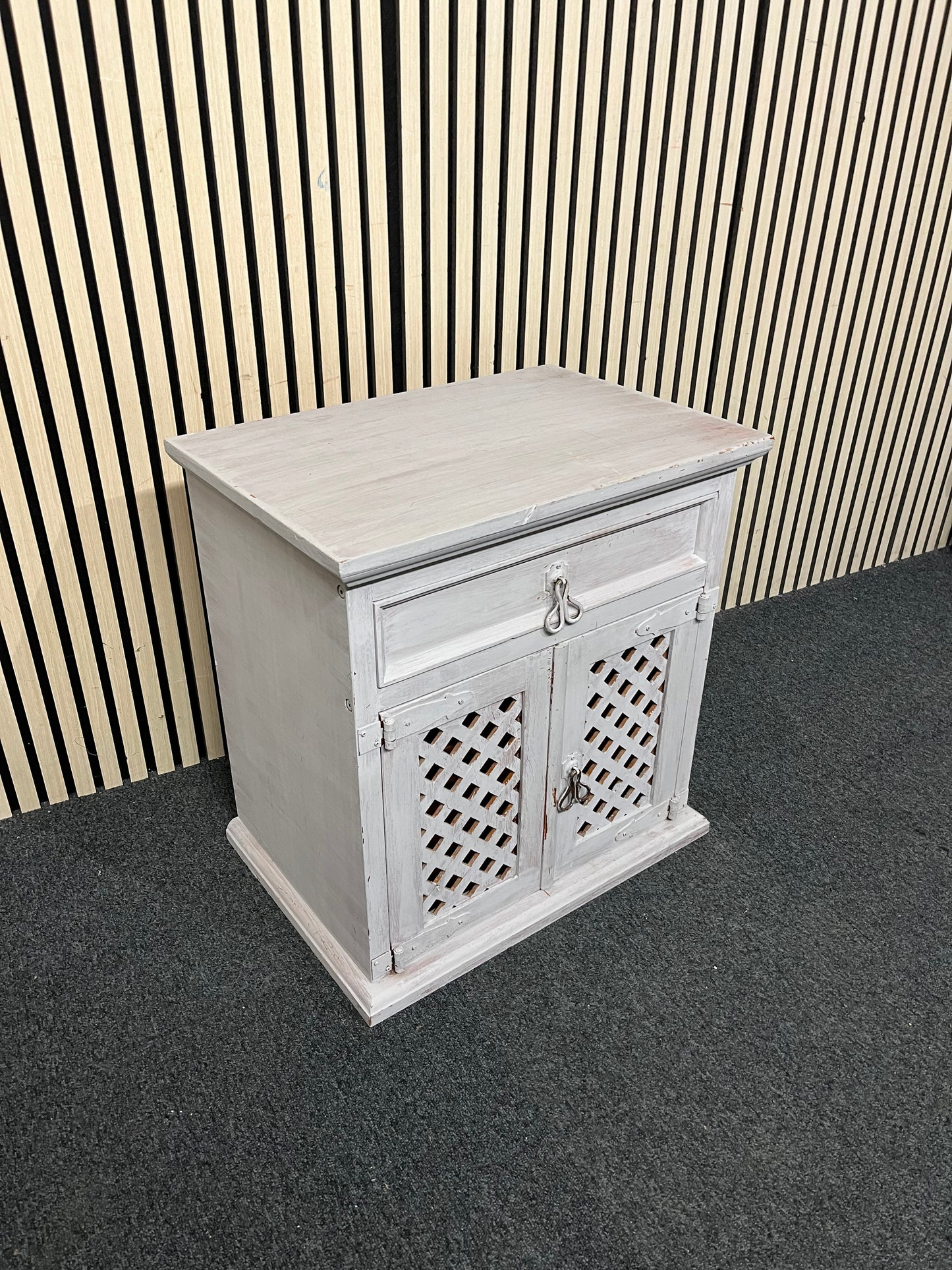 Solid pine grey white washed 2 door 1 drawer bedside locker  1126