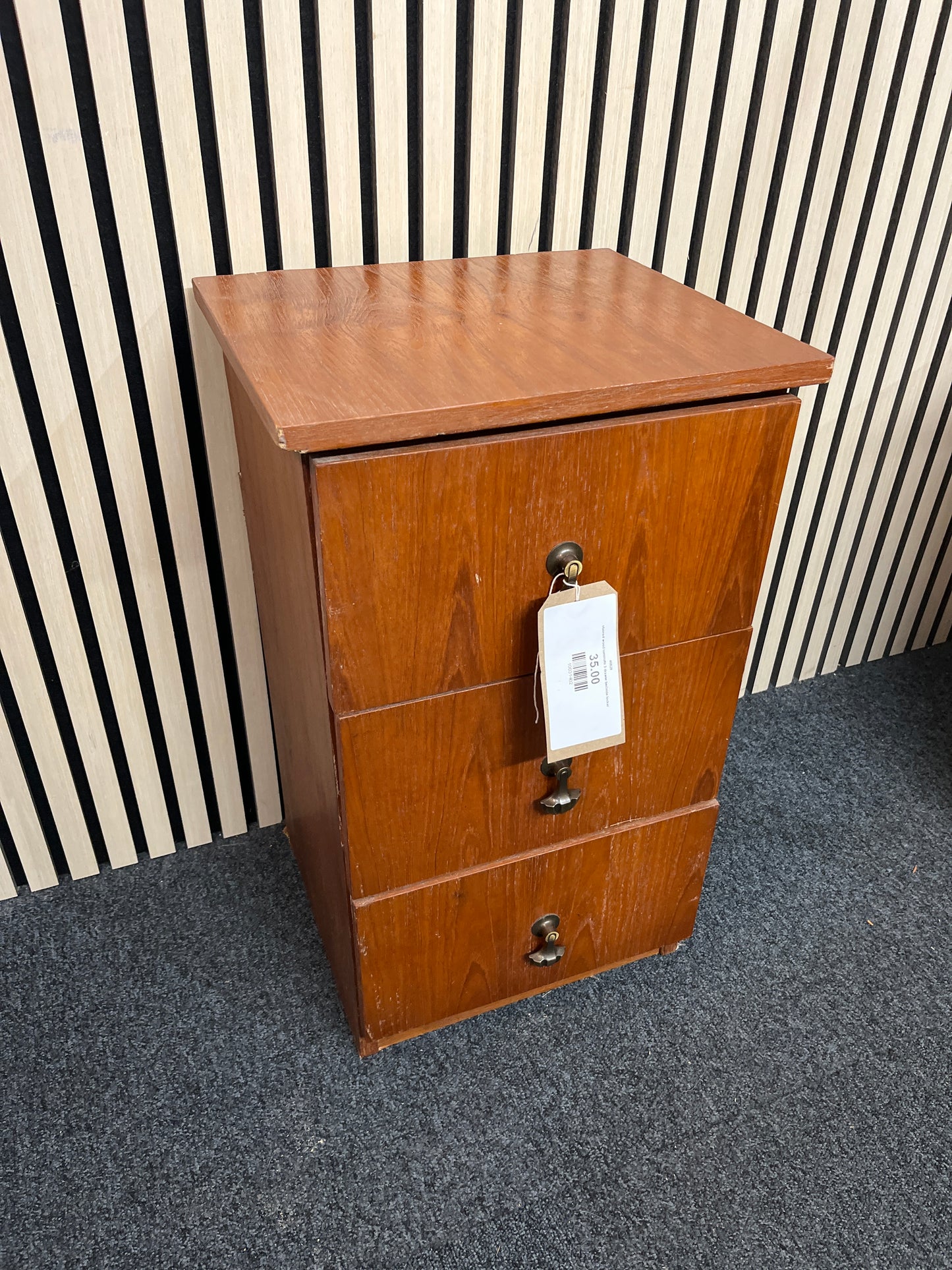 stained wood laminate 3 drawer bedside locker