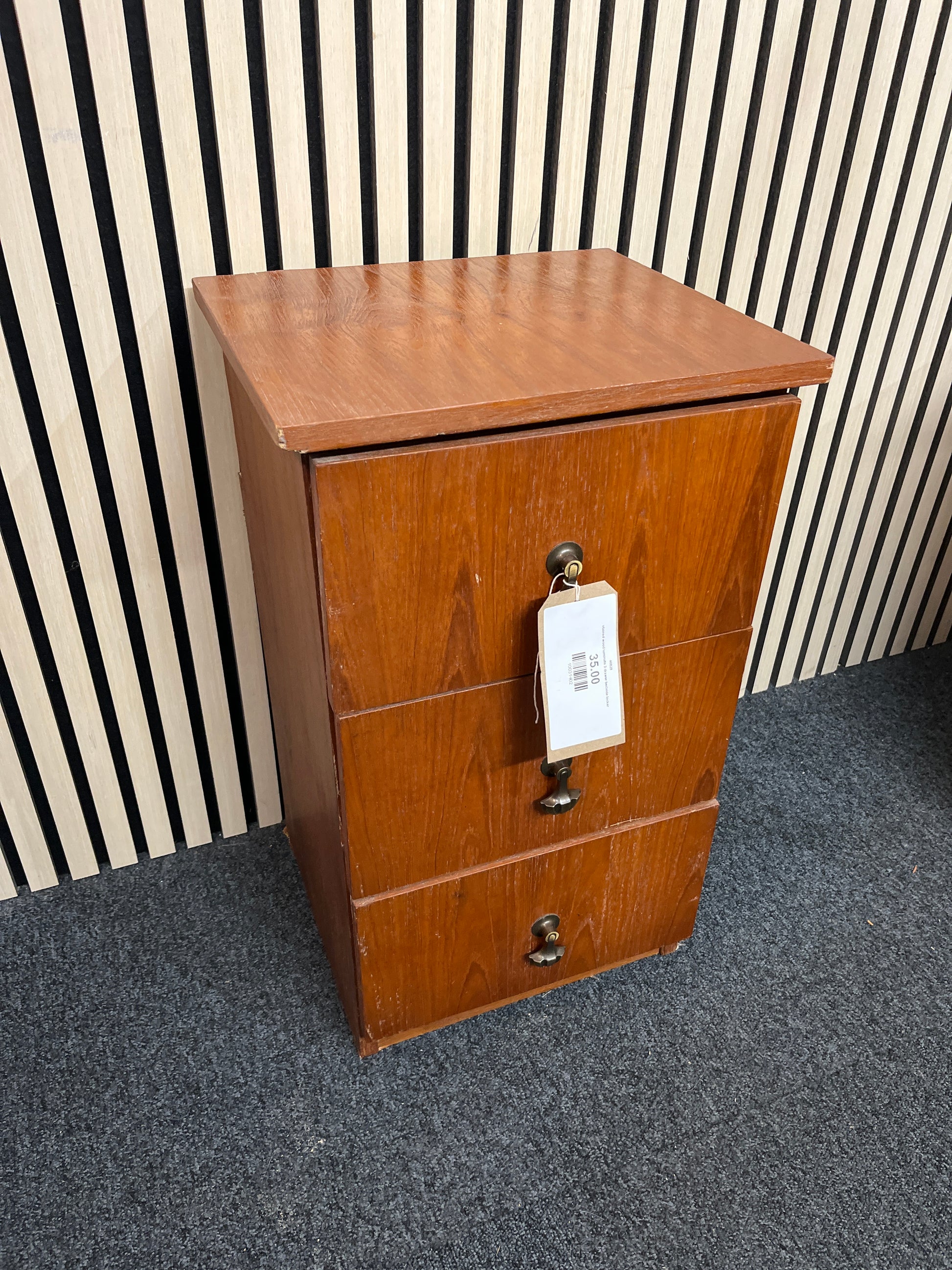stained wood laminate 3 drawer bedside locker