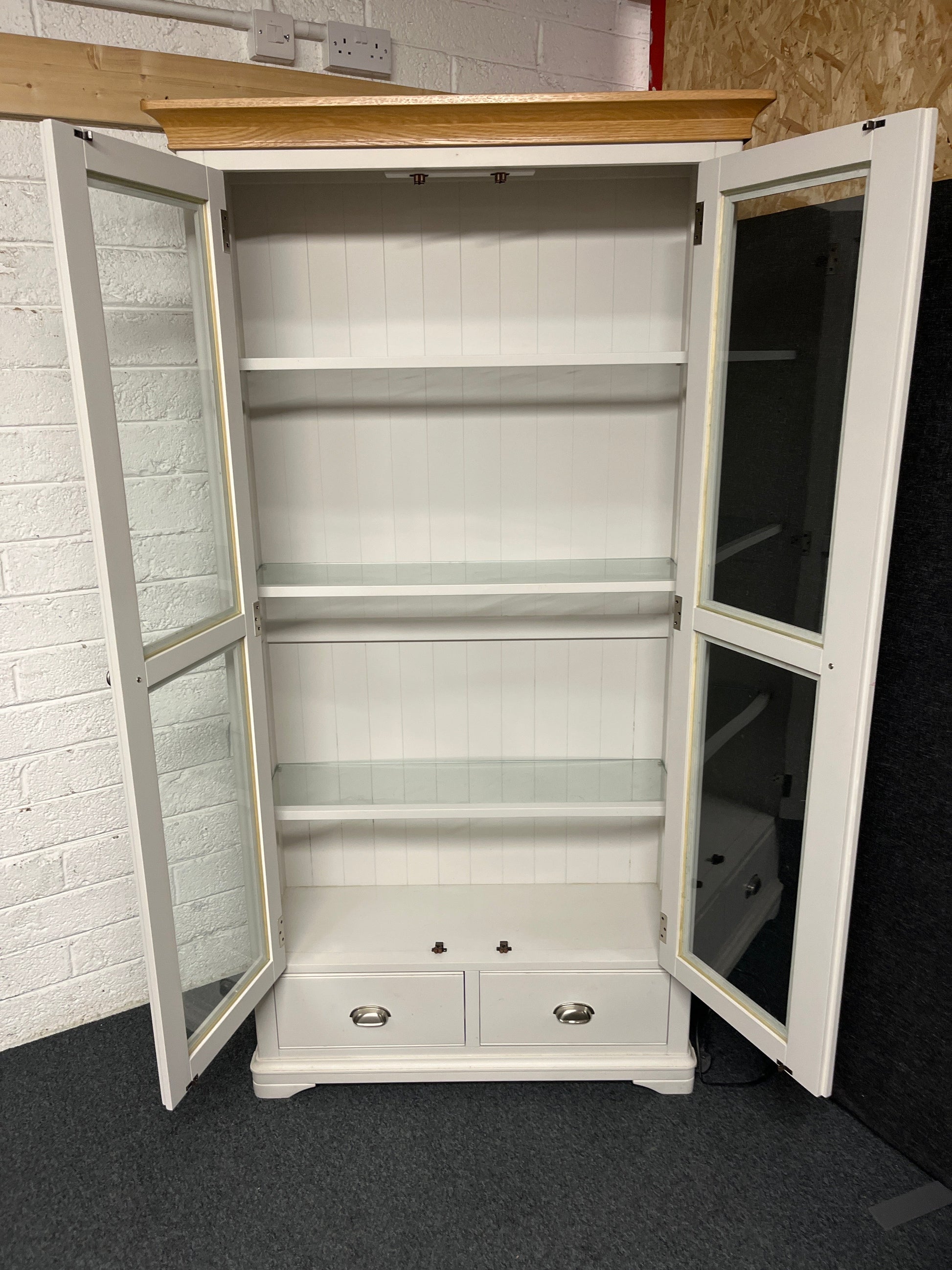 Tall grey painted 2 door glass display unit with natural oak top pelmet and base storage (H 1920 x W 1000 x D 360 mm) 1225