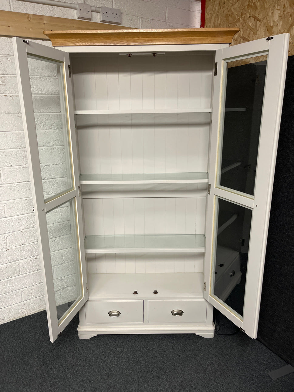Tall grey painted 2 door glass display unit with natural oak top pelmet and base storage (H 1920 x W 1000 x D 360 mm) 1225