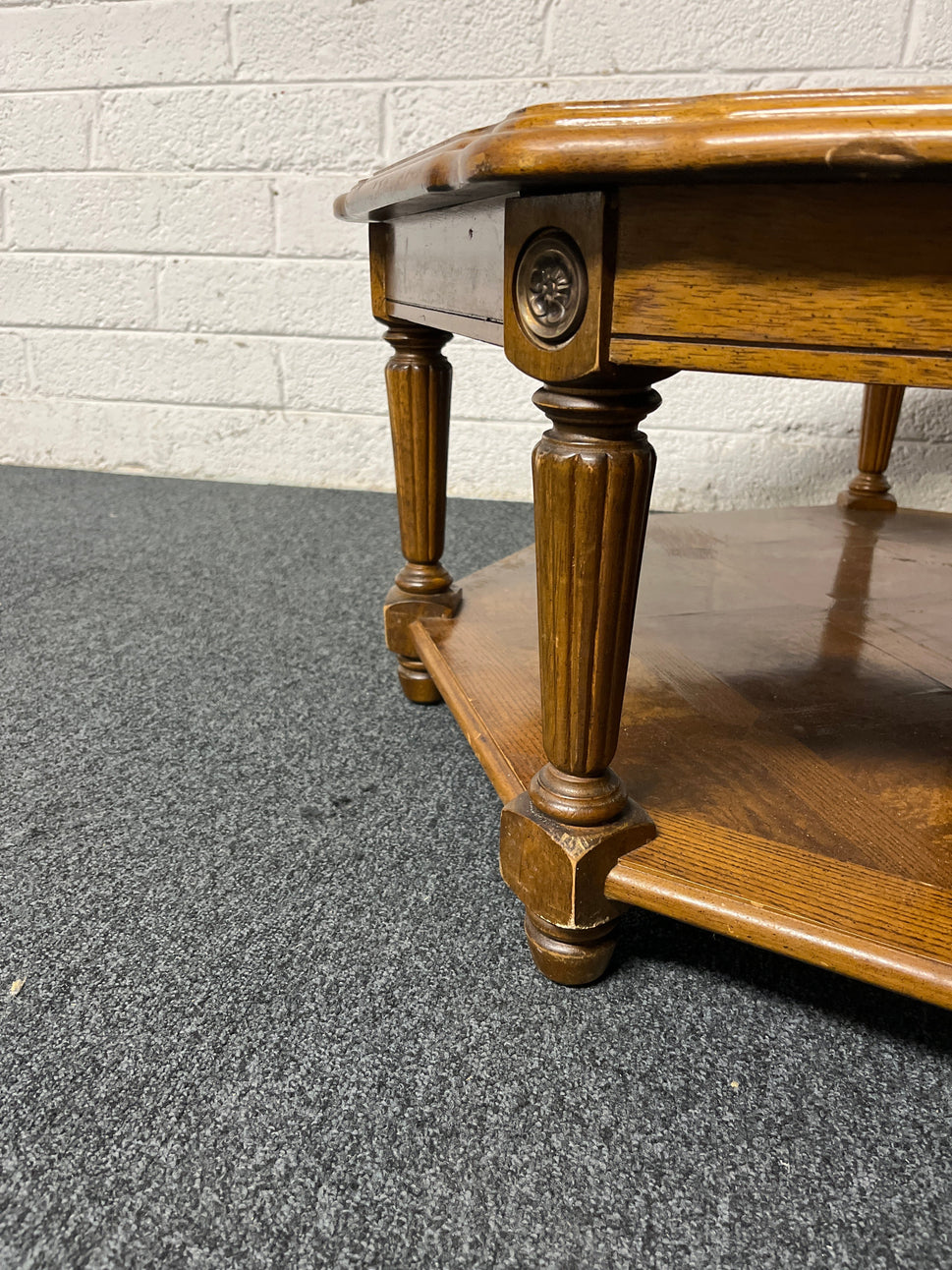 Large low 50p solid wood coffee table with smoked glass sections (H 400 x Radius 950 mm) 1225