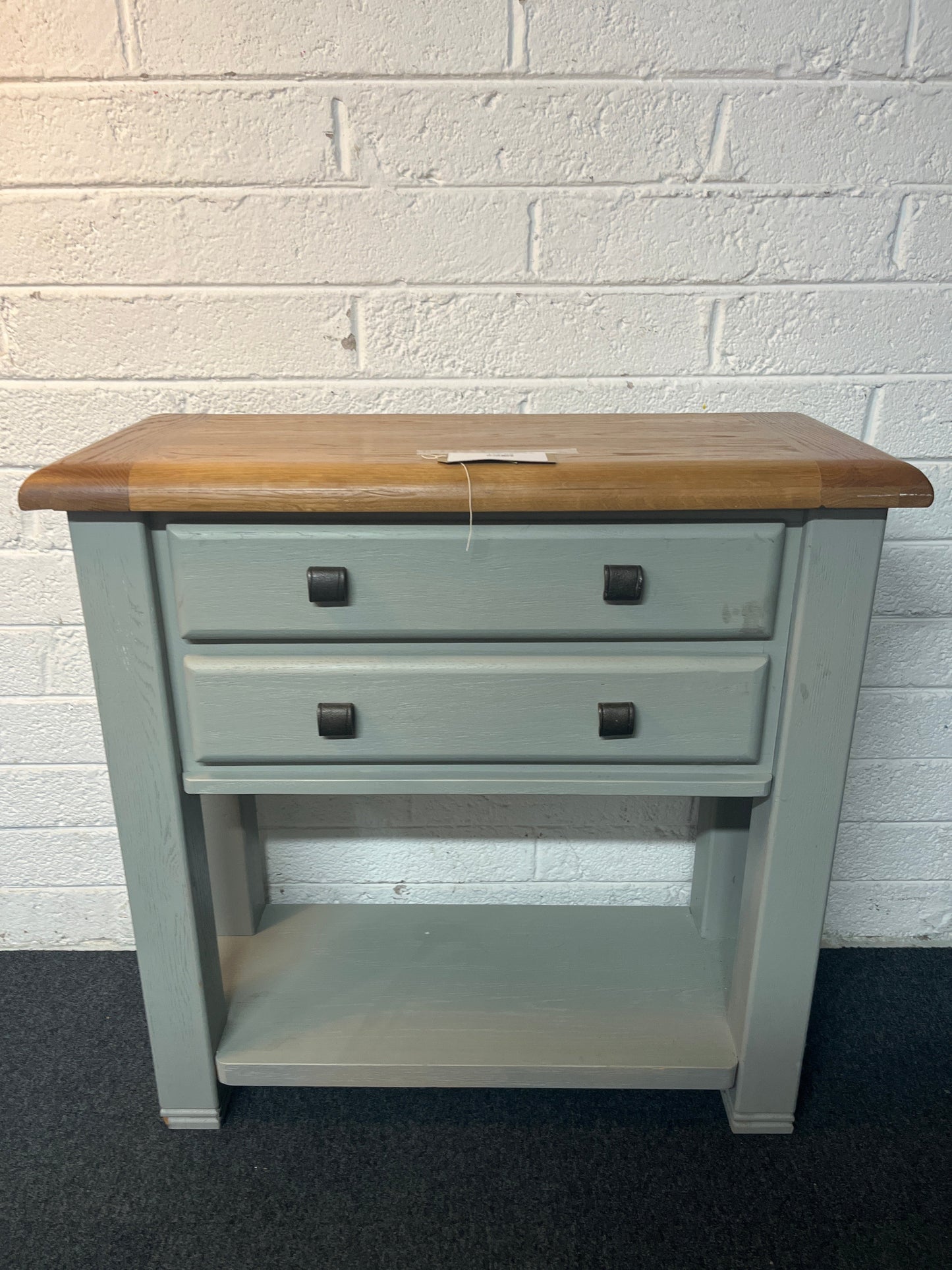 Solid oak top, grey painted frame 2 drawer console table (H 93 x W 90 x D 36 cm) 2225