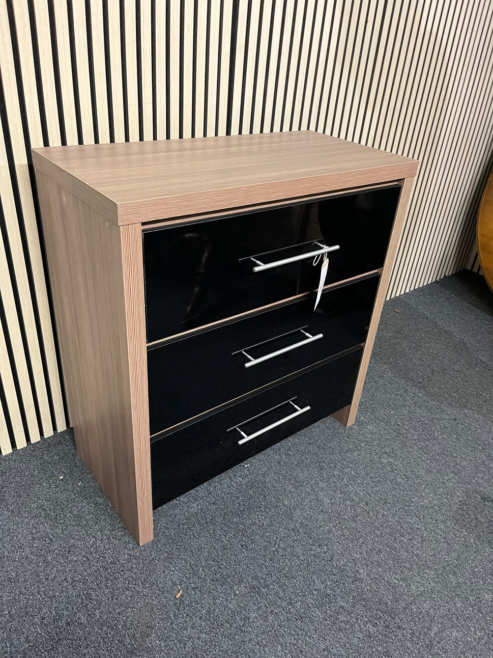 Black gloss and oak laminate 3 drawer chest