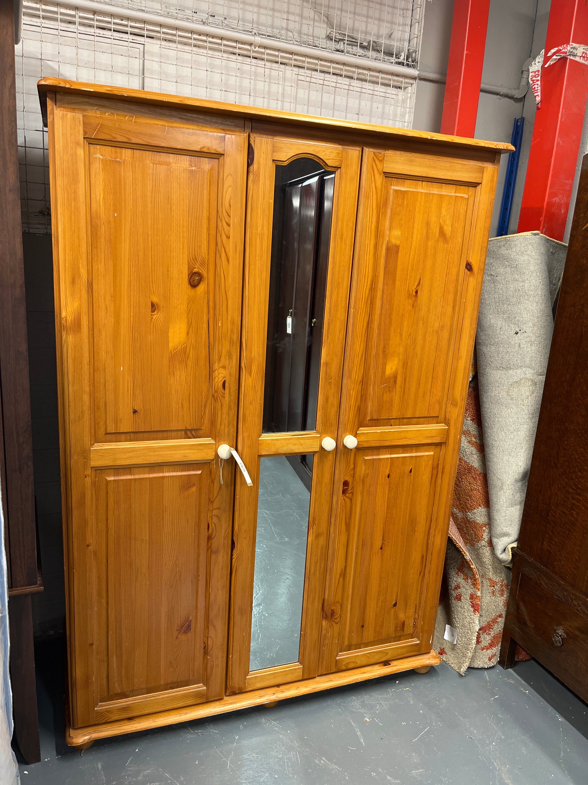 Pine 3 door wardrobe with central mirror (H 180 x 127 x 61 cm) 2225