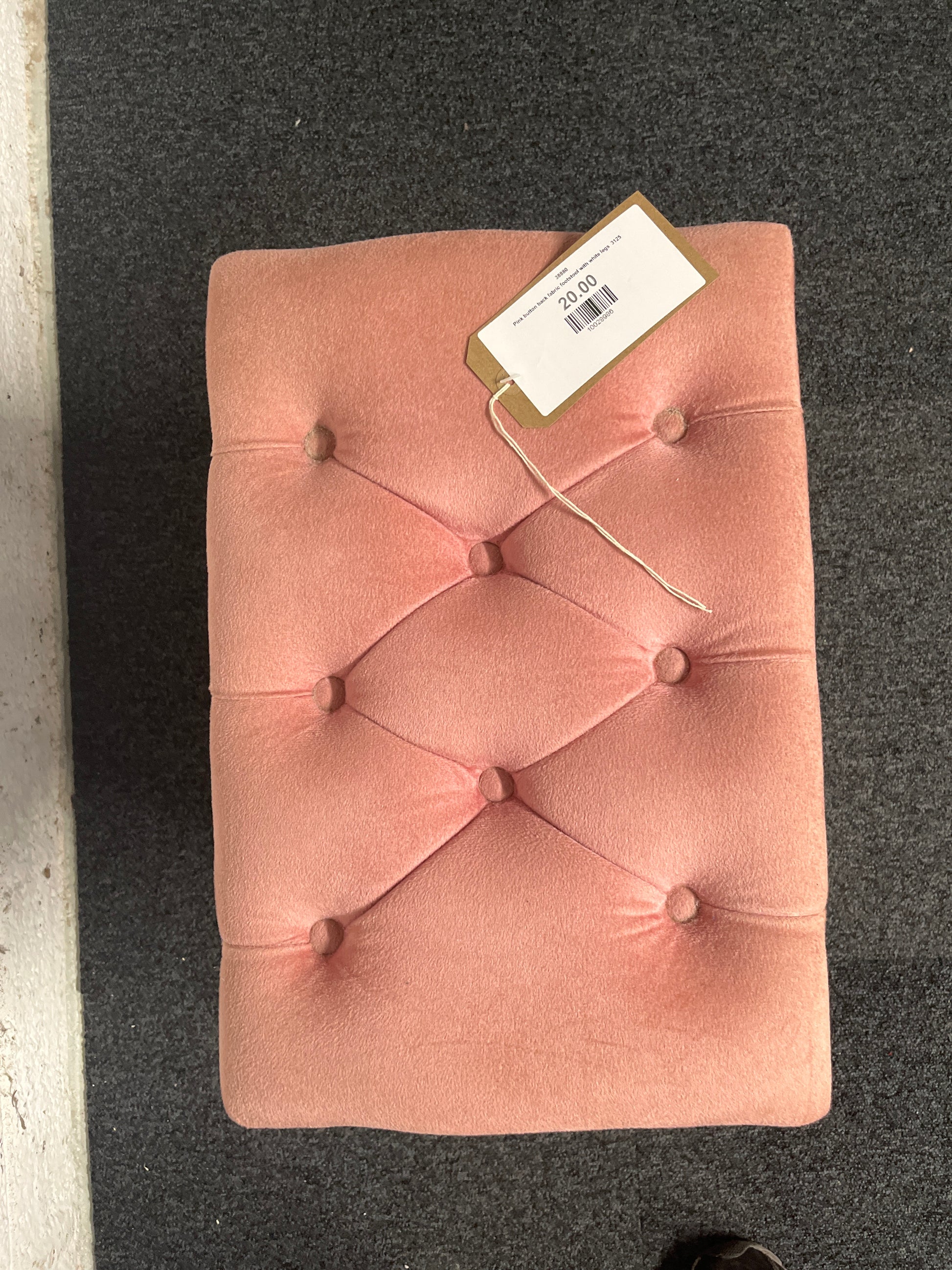Pink button back fabric footstool with white legs  3125