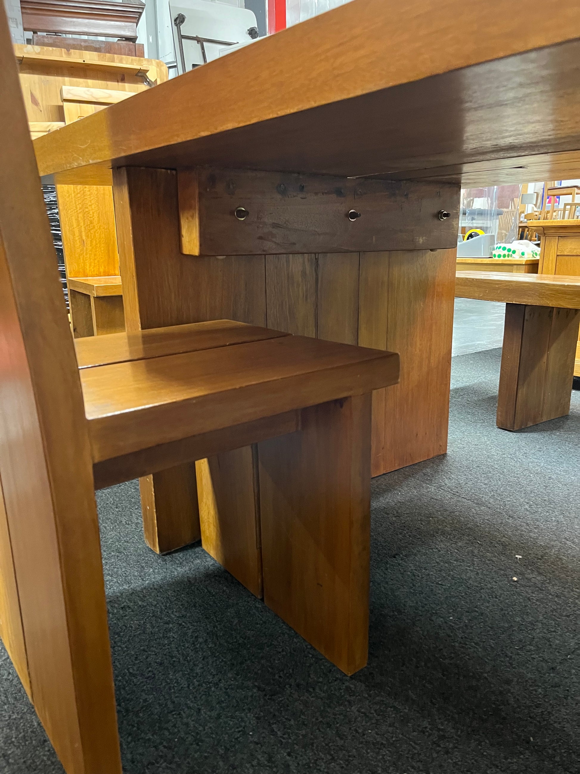 Solid wood large rectangular dining table (L 200 x W 101 cm) with 4 no. matching solid wood chairs and bench  1325