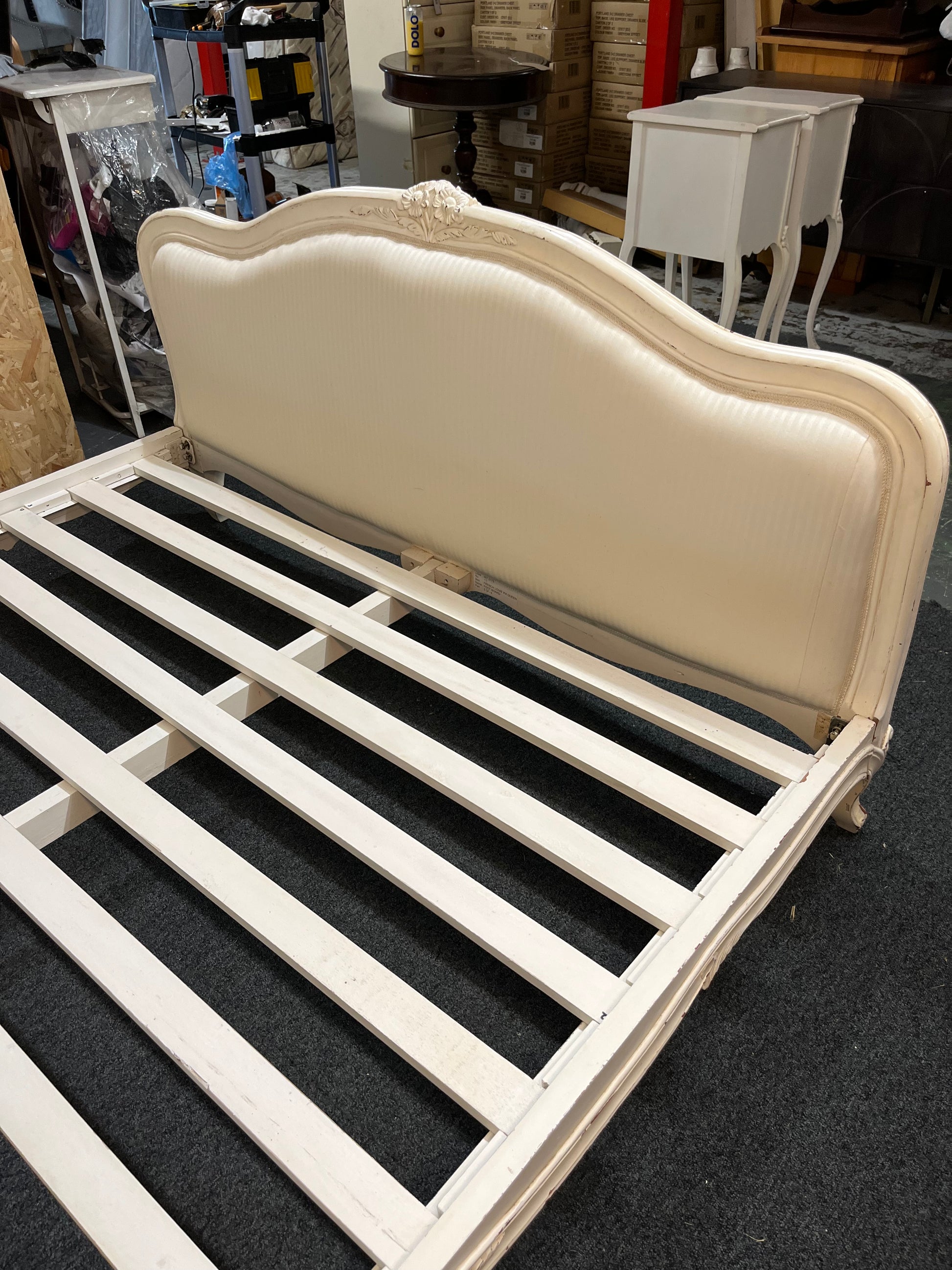 Louis XVI solid wood frame upholstered white fabric bedframe with set of 2 matching ornate white 2 drawer solid wood lockers  43522