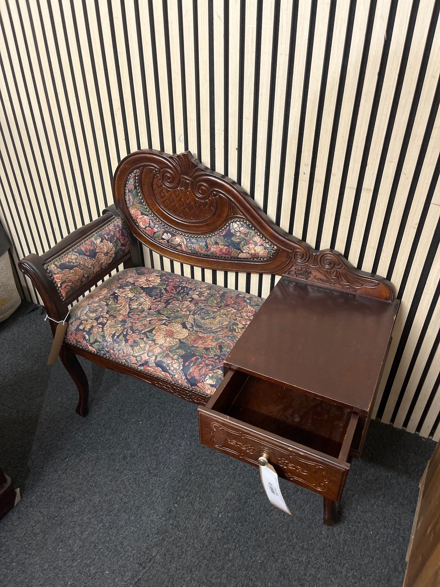 Mahogany telephone table with drawer and fabric seat W90 D42 H82